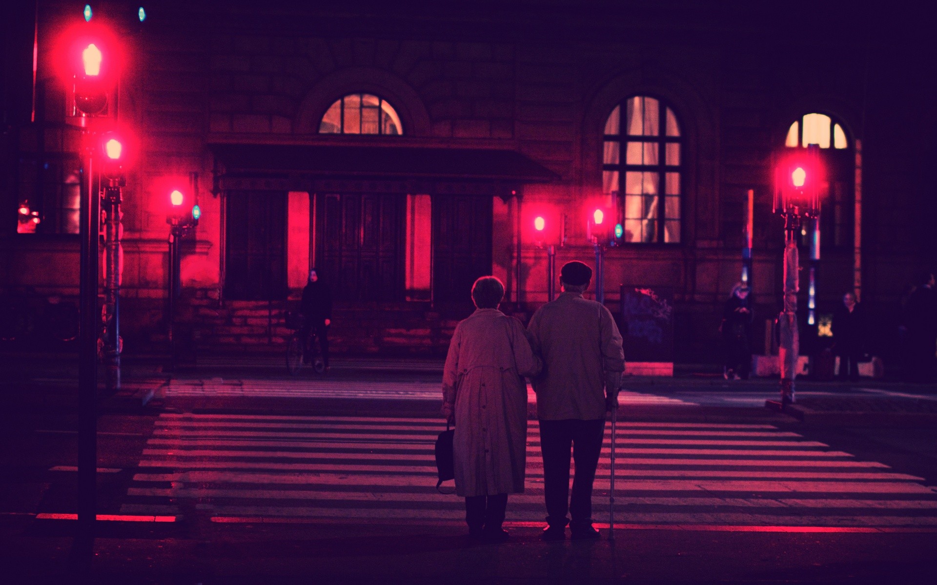 General 1920x1200 photography urban city street building red night lights street light couple old people