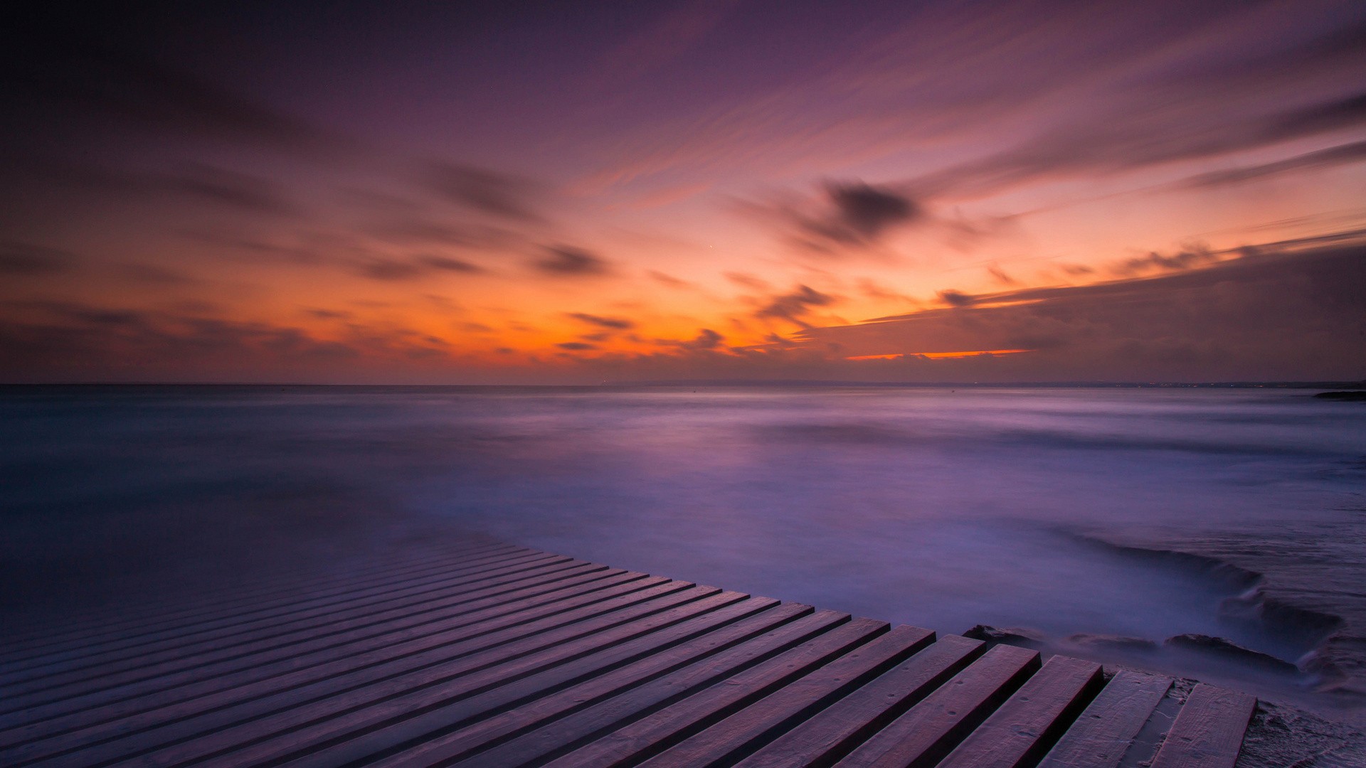 General 1920x1080 nature water sea sunset clouds wooden surface pier rocks horizon waves planks long exposure