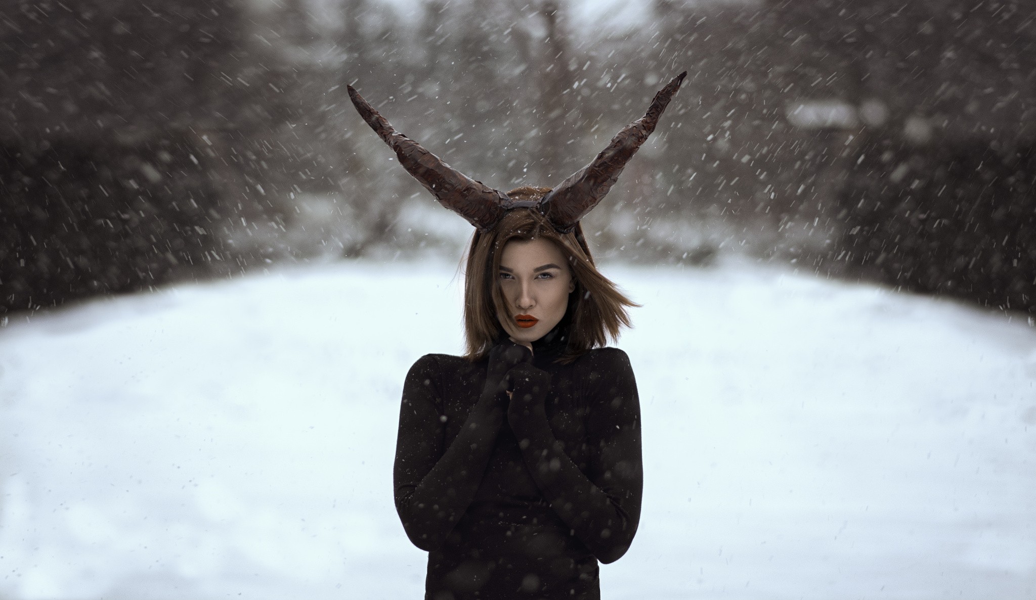 People 2048x1187 women brunette blue eyes red lipstick horns sweater women outdoors depth of field snow winter Katy Sendza outdoors cold makeup looking at viewer