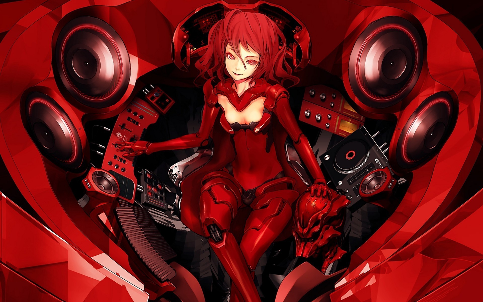Anime 1920x1200 anime cyborg speakers red redhead Redjuice original characters science fiction science fiction women red eyes looking at viewer