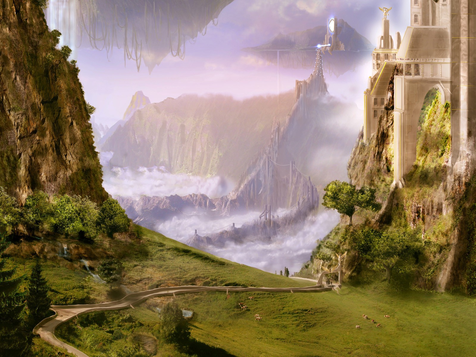 General 1600x1200 fantasy art fantasy city artwork landscape path trees grass mountains