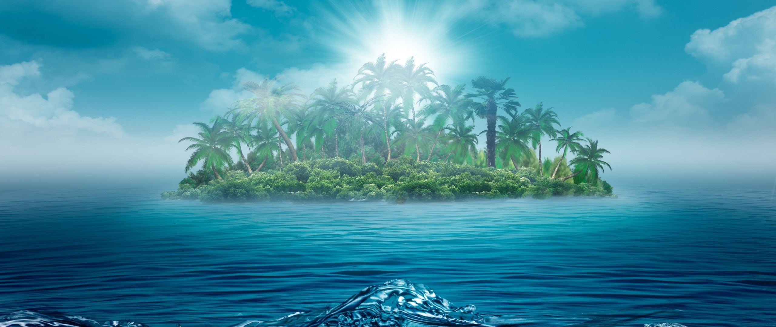 General 2560x1080 fantasy art island sea palm trees digital art ultrawide water clouds trees sunlight