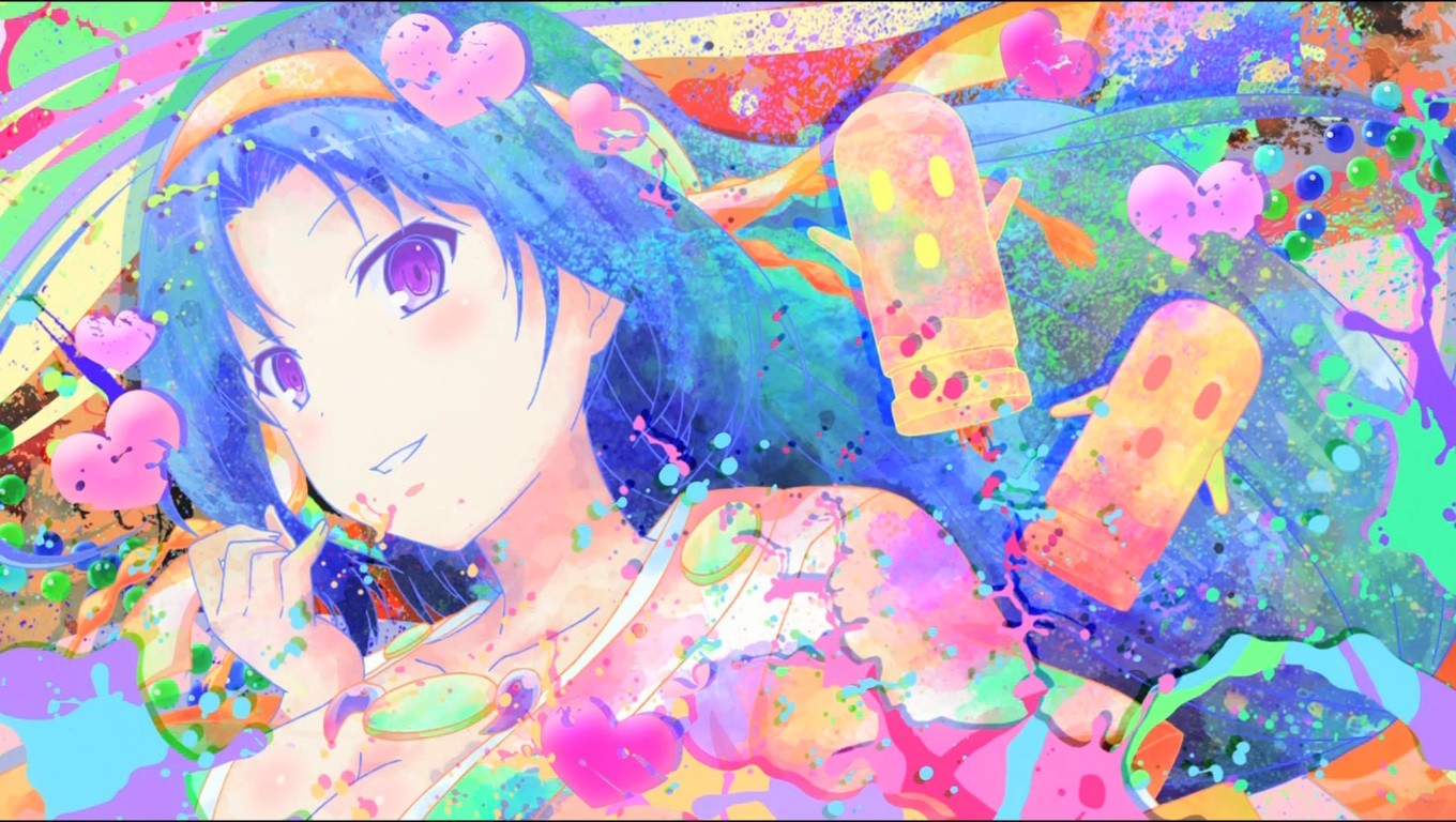 Anime 1360x768 anime colorful Invaders of Rokujouma Kiriha Kurano anime girls Rokujouma no Shinryakusha purple eyes blue hair face
