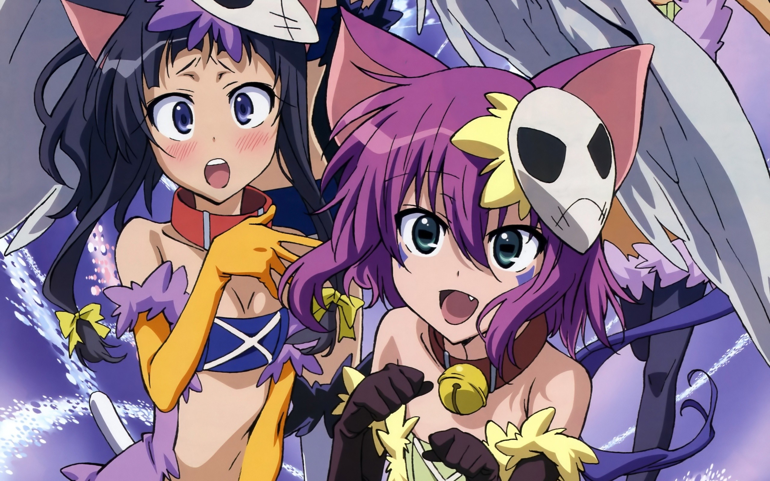 Anime 2560x1600 Yumekui Merry anime girls anime two women purple hair dark hair animal ears open mouth cat girl
