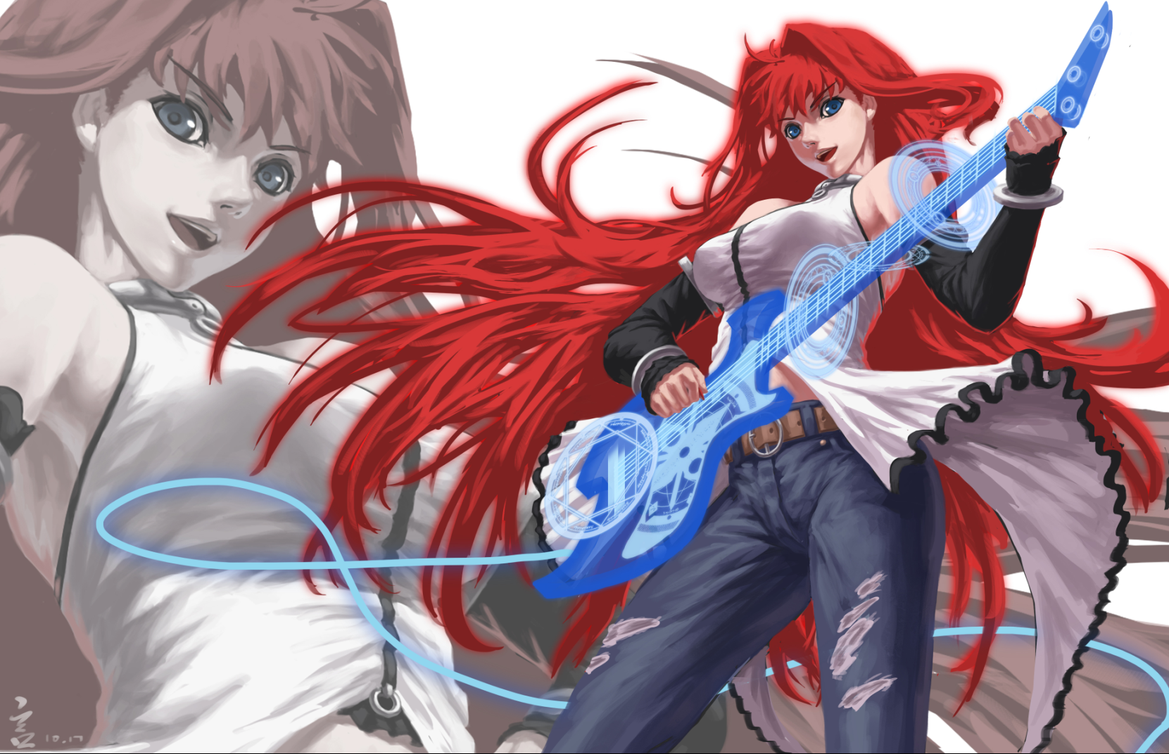 Anime 1661x1072 manga anime girls guitar anime redhead long hair musical instrument blue eyes music standing boobs jeans open mouth