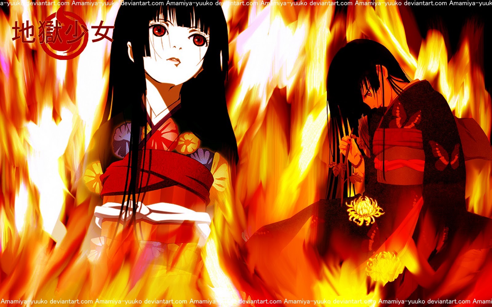 Anime 1600x1000 Jigoku Shoujo Enma Ai fire dark hair anime anime girls DeviantArt red eyes