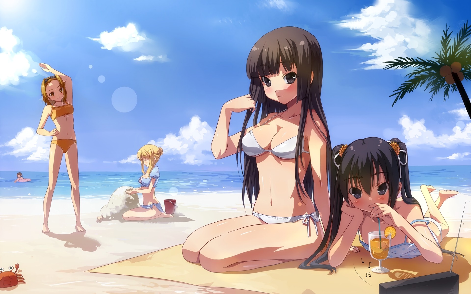 Anime 1920x1200 K-ON! anime girls anime boobs belly group of women women outdoors beach women on beach outdoors drinking bikini white bikini sky sea clouds summer standing dark eyes brunette