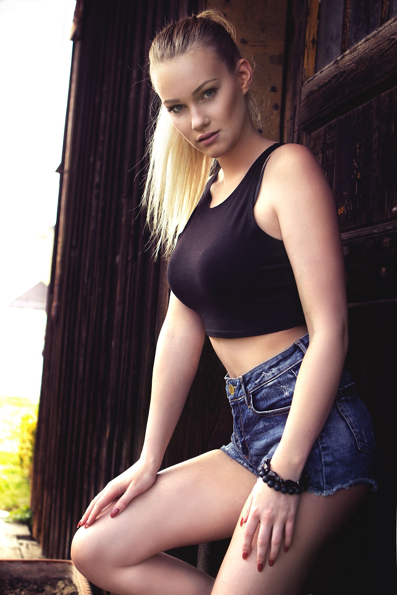People 1365x2048 model legs blonde women jean shorts crop top ponytail looking at viewer red nails painted nails