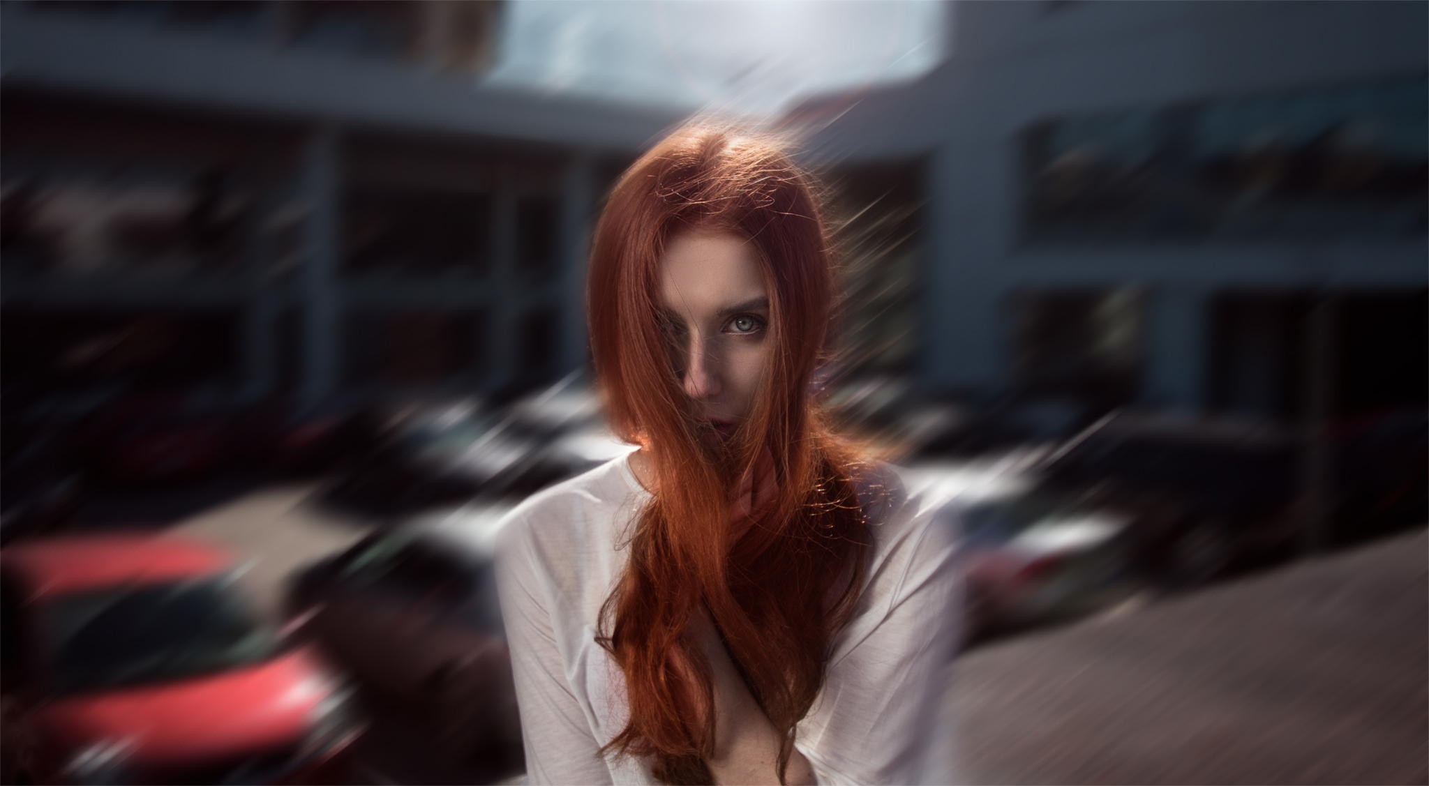 People 2048x1127 women face portrait redhead motion blur model hair in face dyed hair long hair women outdoors urban