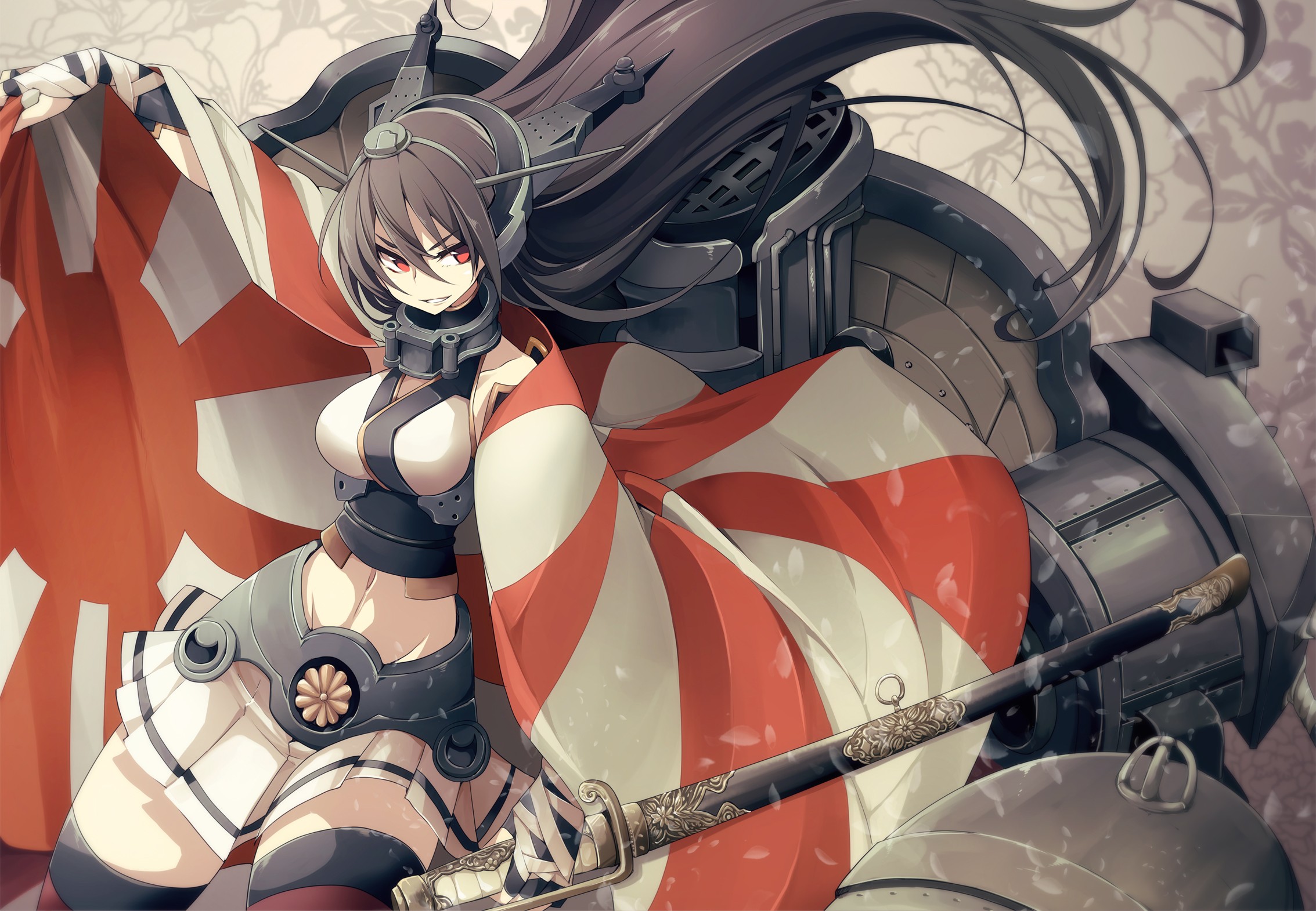 Anime 2267x1571 anime Nagato (KanColle) Kantai Collection anime girls red eyes long hair boobs belly looking at viewer