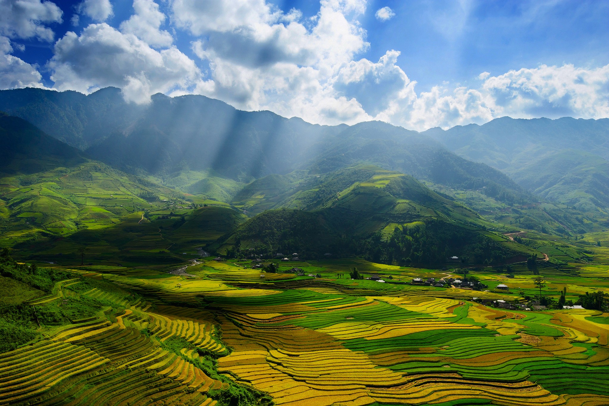 General 2048x1365 terraced field valley hills sun rays clouds field landscape nature