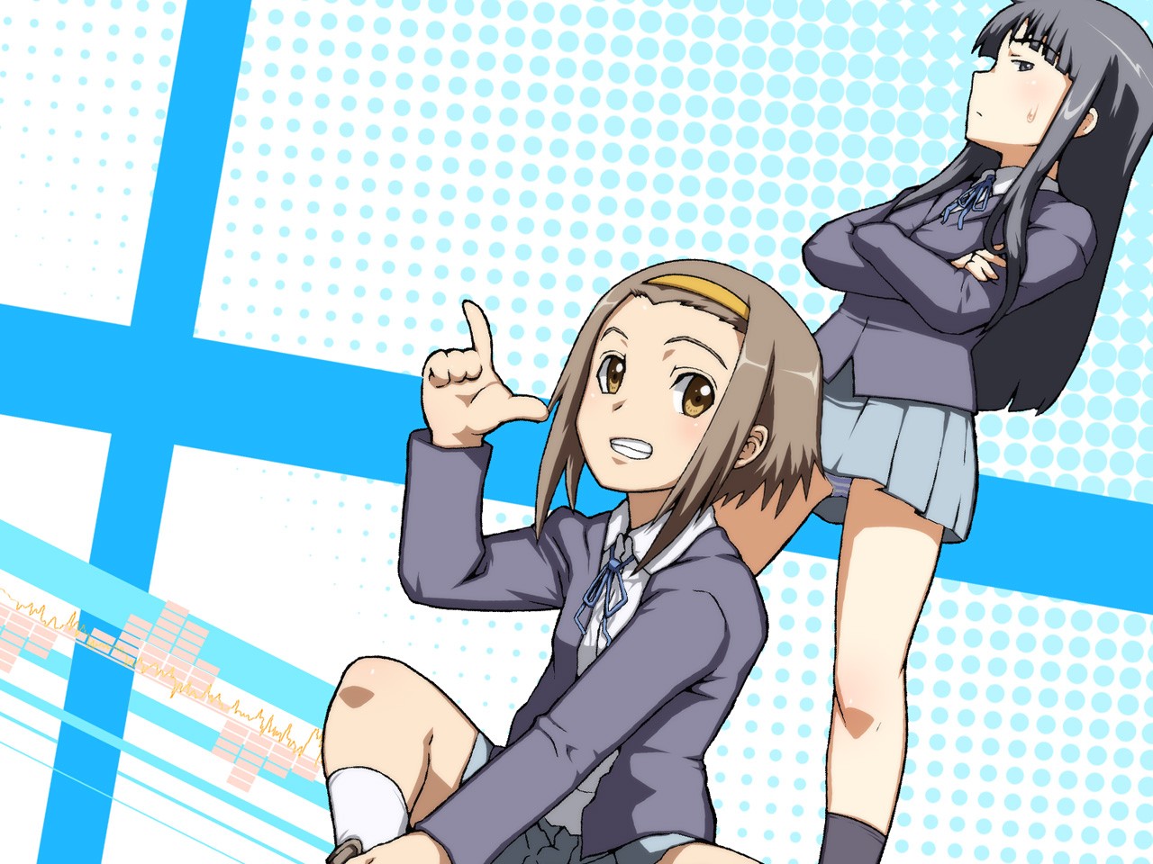 Anime 1280x960 K-ON! anime girls Akiyama Mio Tainaka Ritsu panties upskirt anime miniskirt school uniform