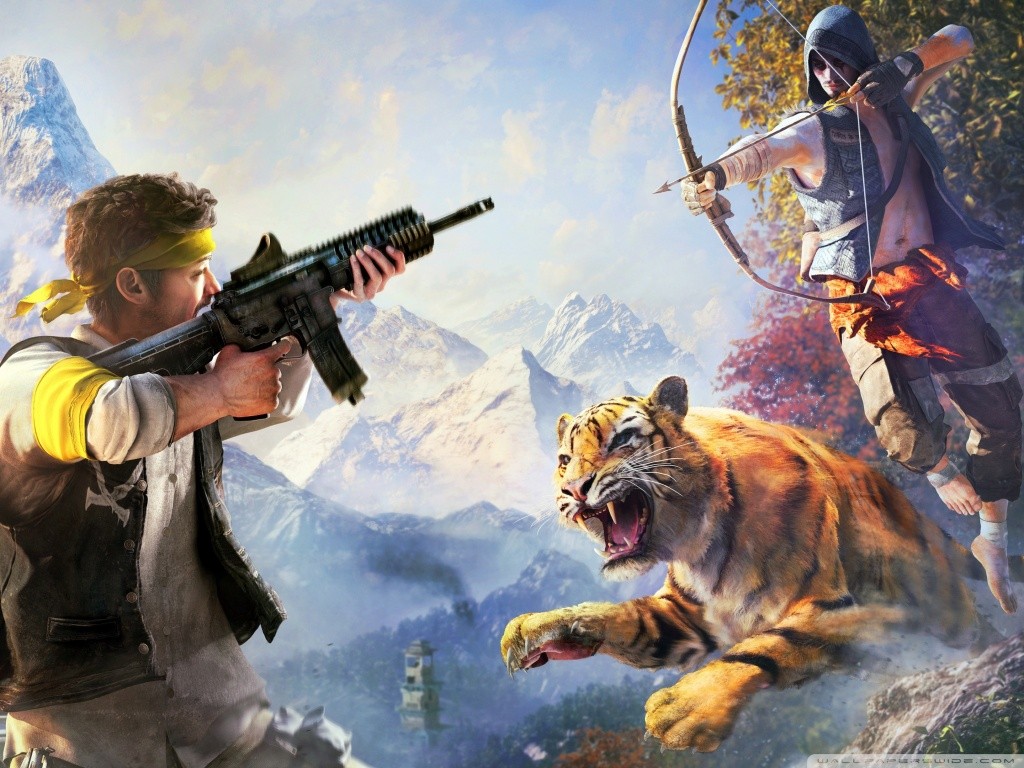 General 1024x768 video games weapon video game art tiger machine gun men bow animals mammals big cats Far Cry 4