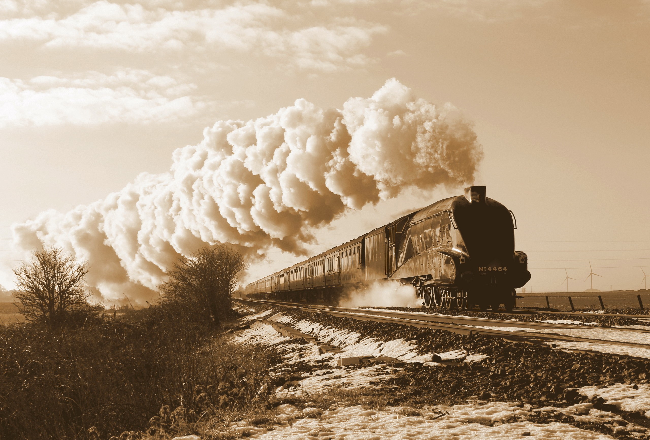 General 2560x1732 vehicle sepia train steam locomotive railway smoke snow Steam Train