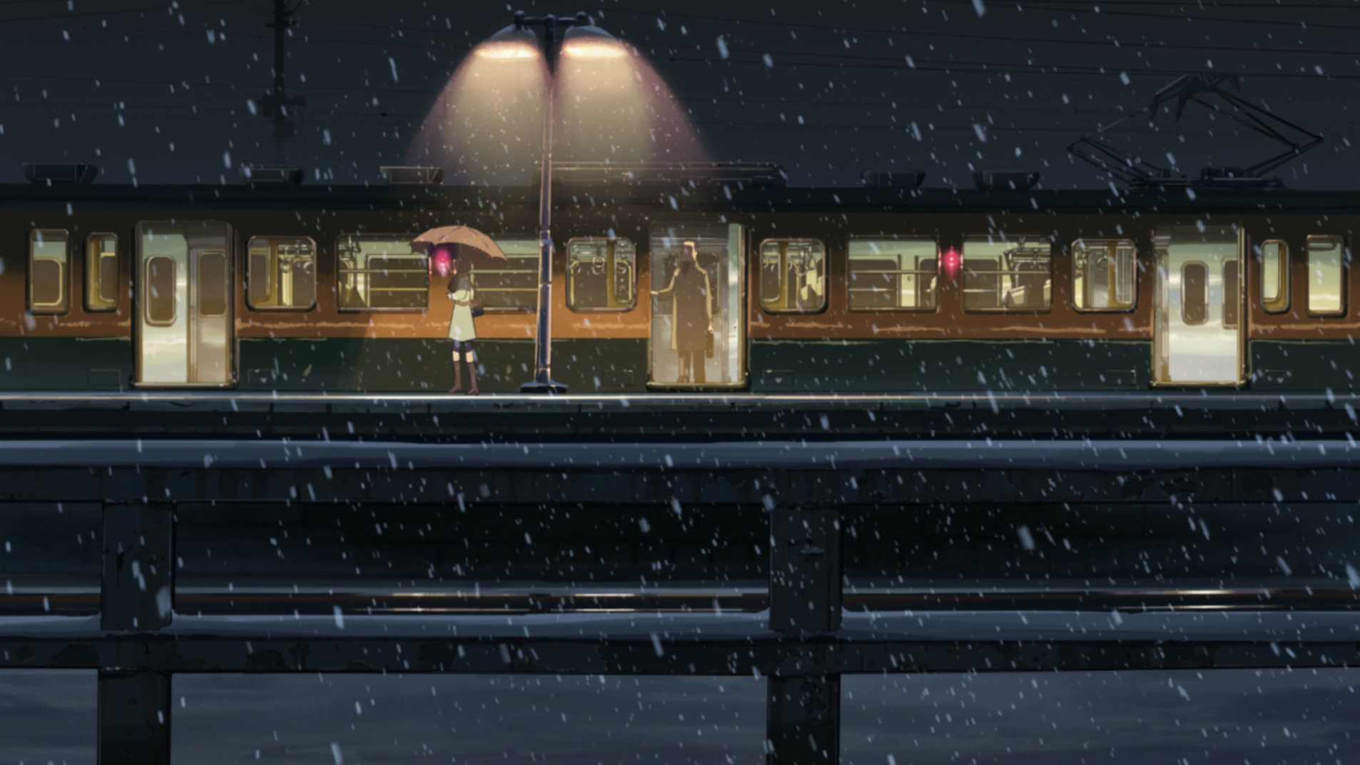 Anime 1906x1072 Makoto Shinkai  anime 5 Centimeters Per Second anime girls women with umbrella snow umbrella train vehicle winter