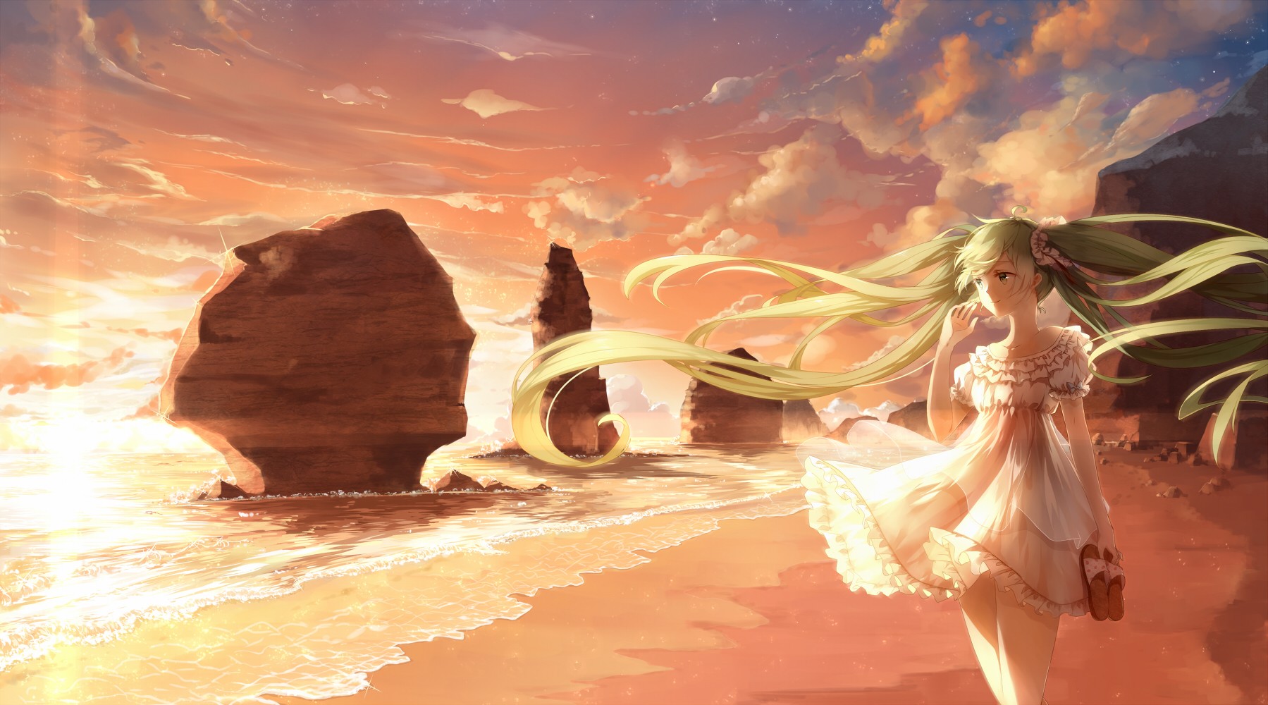 Anime 1799x1000 Vocaloid Hatsune Miku long hair twintails white dress beach clouds wind anime girls anime sun dress women on beach women outdoors dress sunlight sky