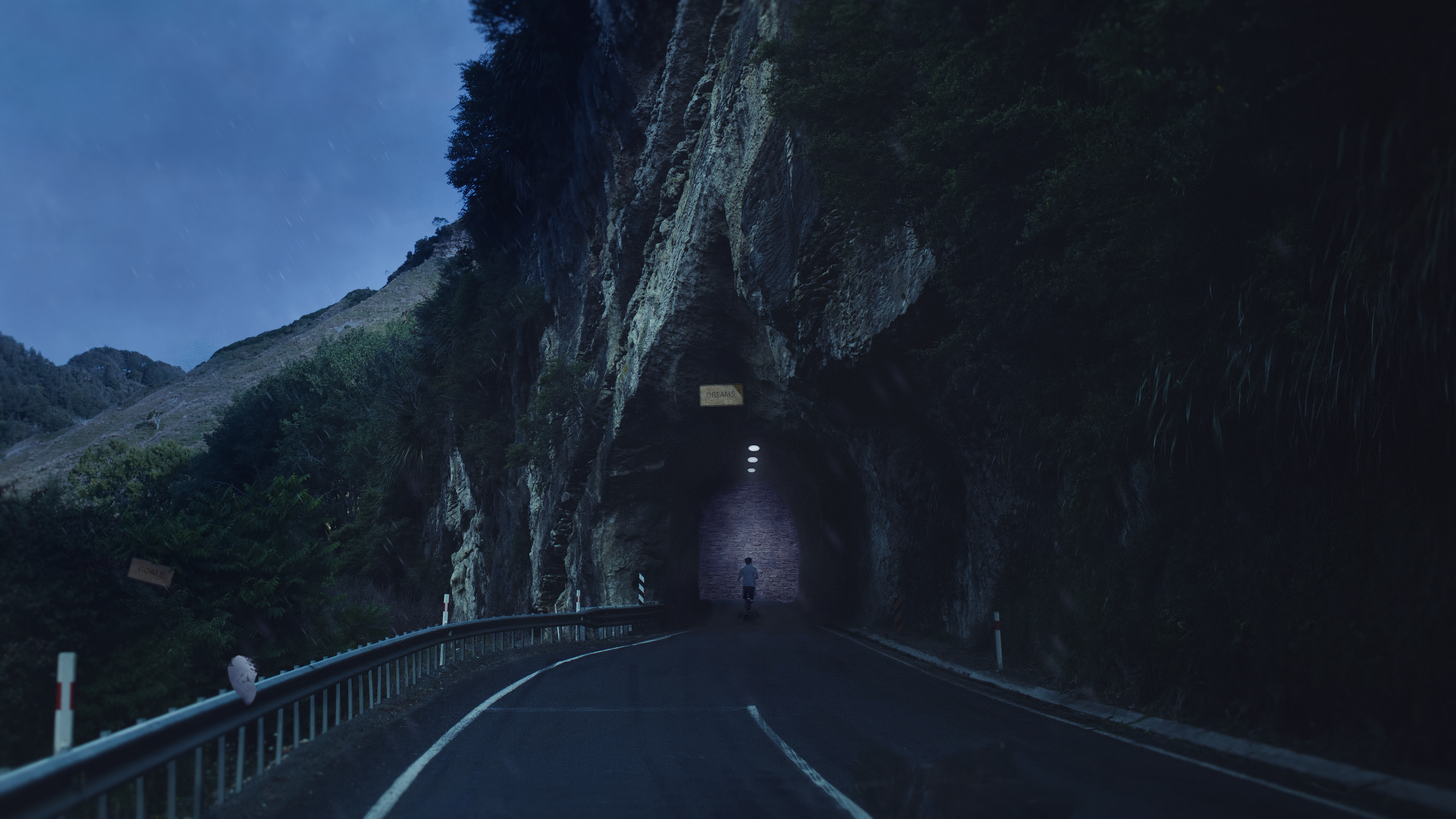 General 3840x2160 photo manipulation landscape road dark tunnel running night rocks cliff asphalt low light