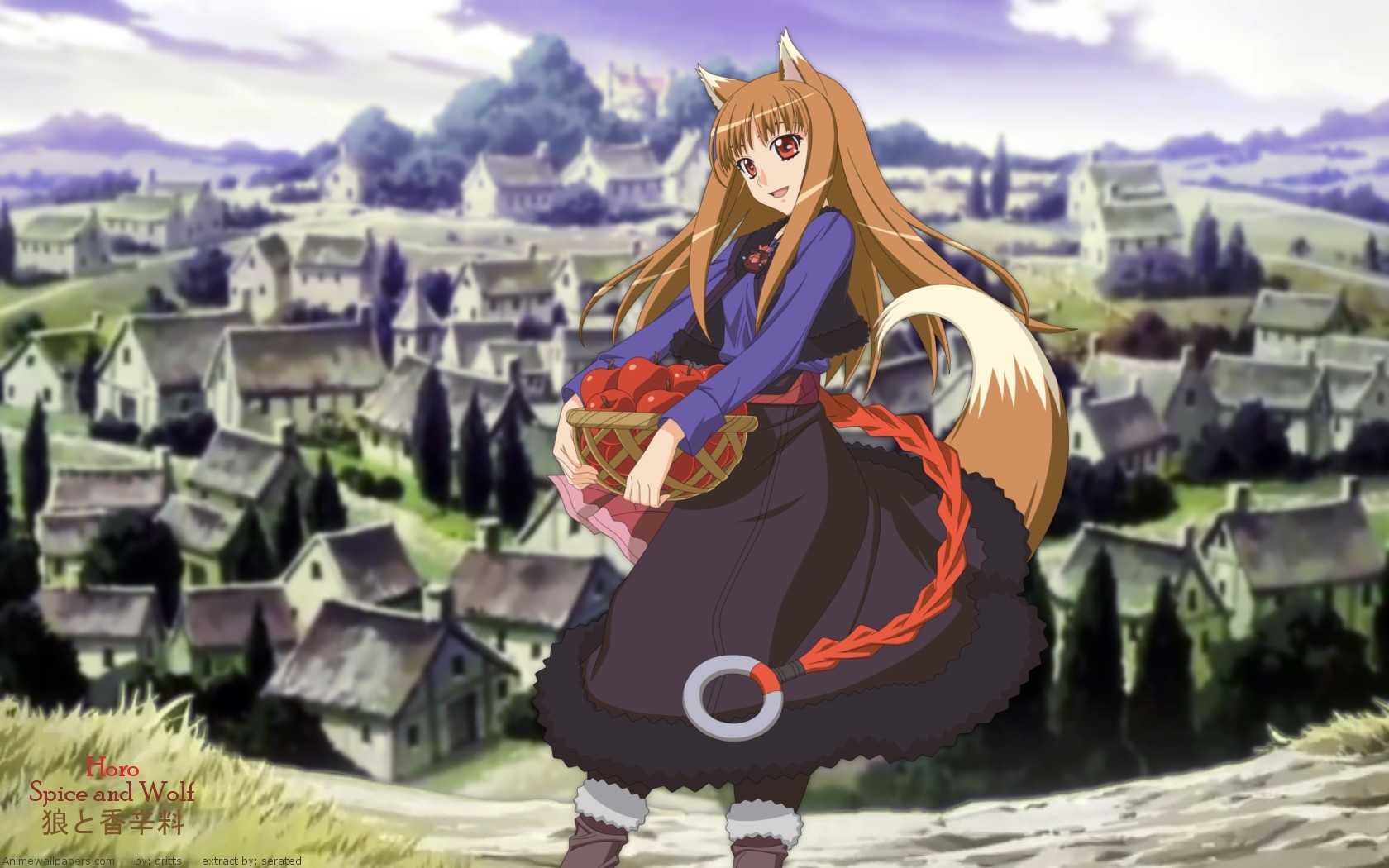Anime 1680x1050 Spice and Wolf Holo (Spice and Wolf) anime anime girls wolf girls fantasy art fantasy girl food fruit baskets apples animal ears tail red eyes brunette long hair