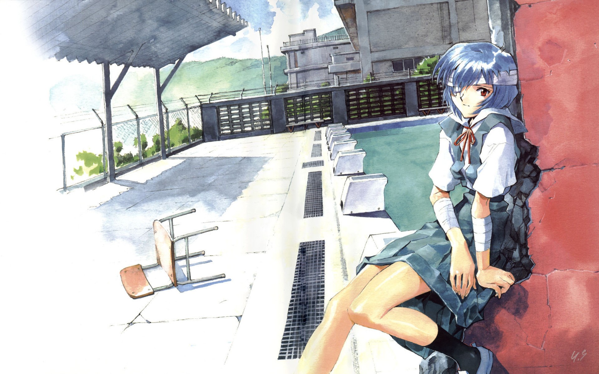 Anime 1920x1200 Ayanami Rei Neon Genesis Evangelion anime girls anime legs outdoors chair eyepatches red eyes sitting