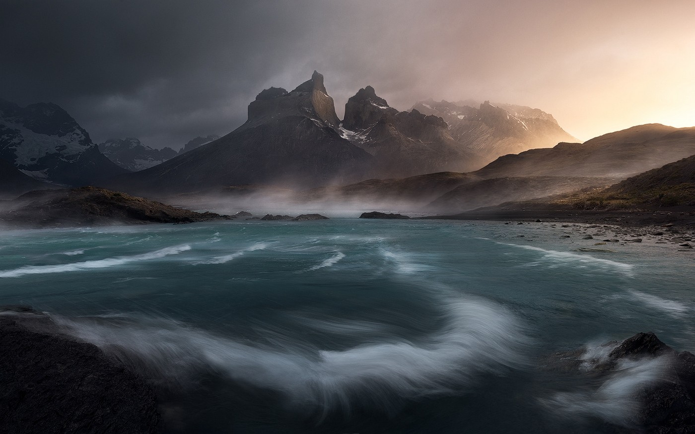 General 1400x875 nature landscape wind lake clouds mountains Torres del Paine Chile mist water snowy peak South America