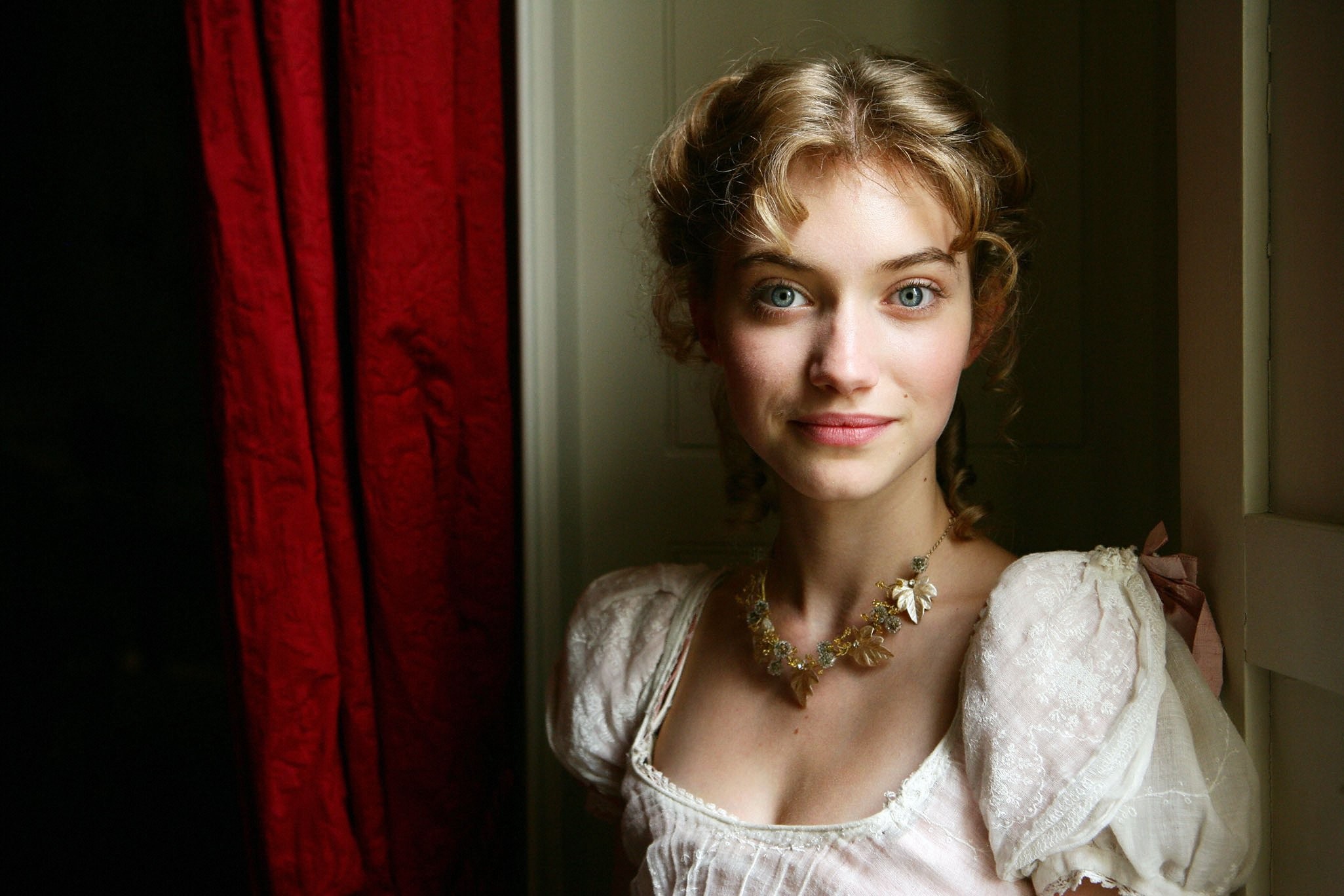 People 2051x1368 women blonde blue eyes face necklace dress looking at viewer women indoors Imogen Poots