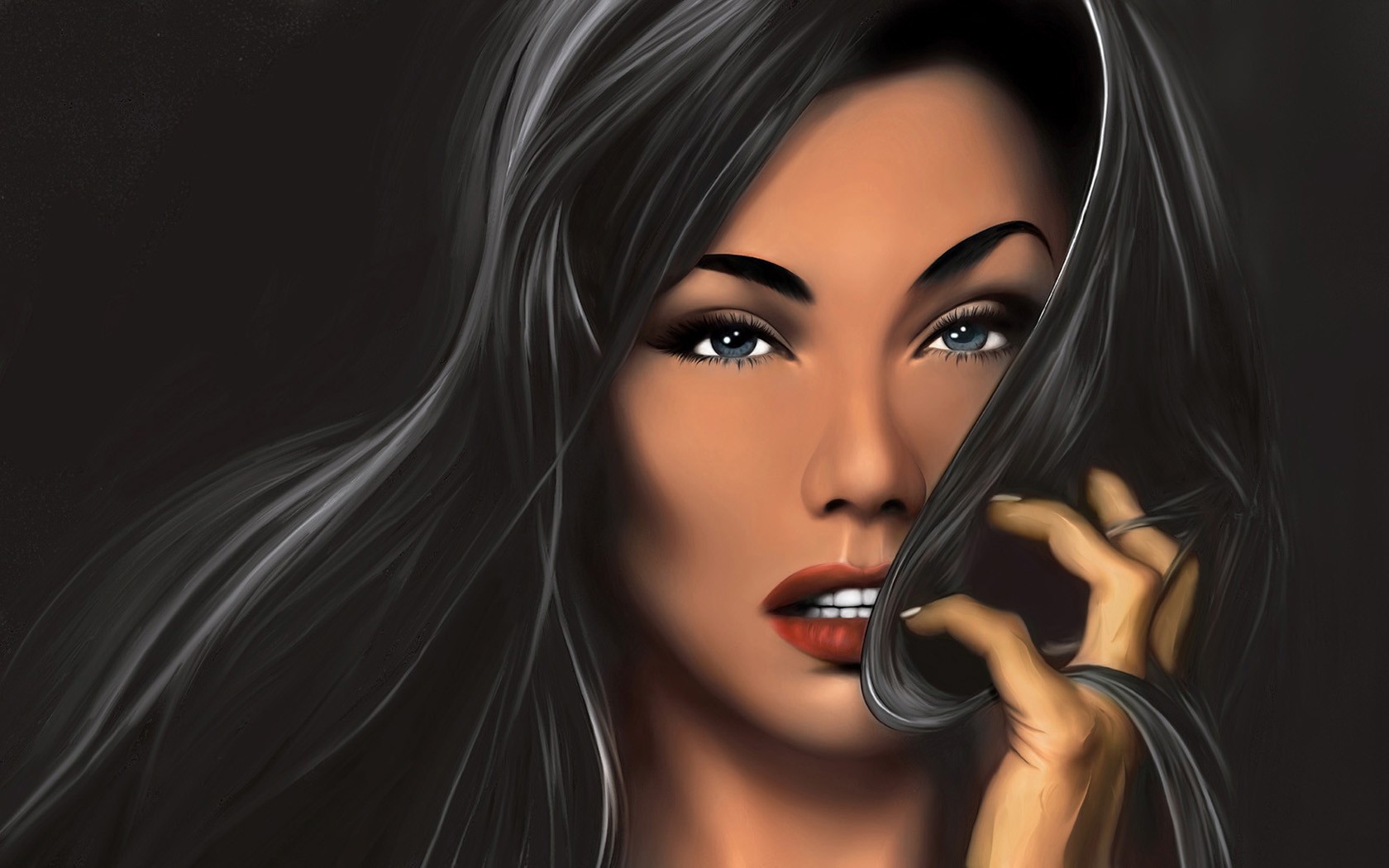General 1680x1050 artwork soft shading women dark hair red lipstick long hair face looking at viewer black hair portrait