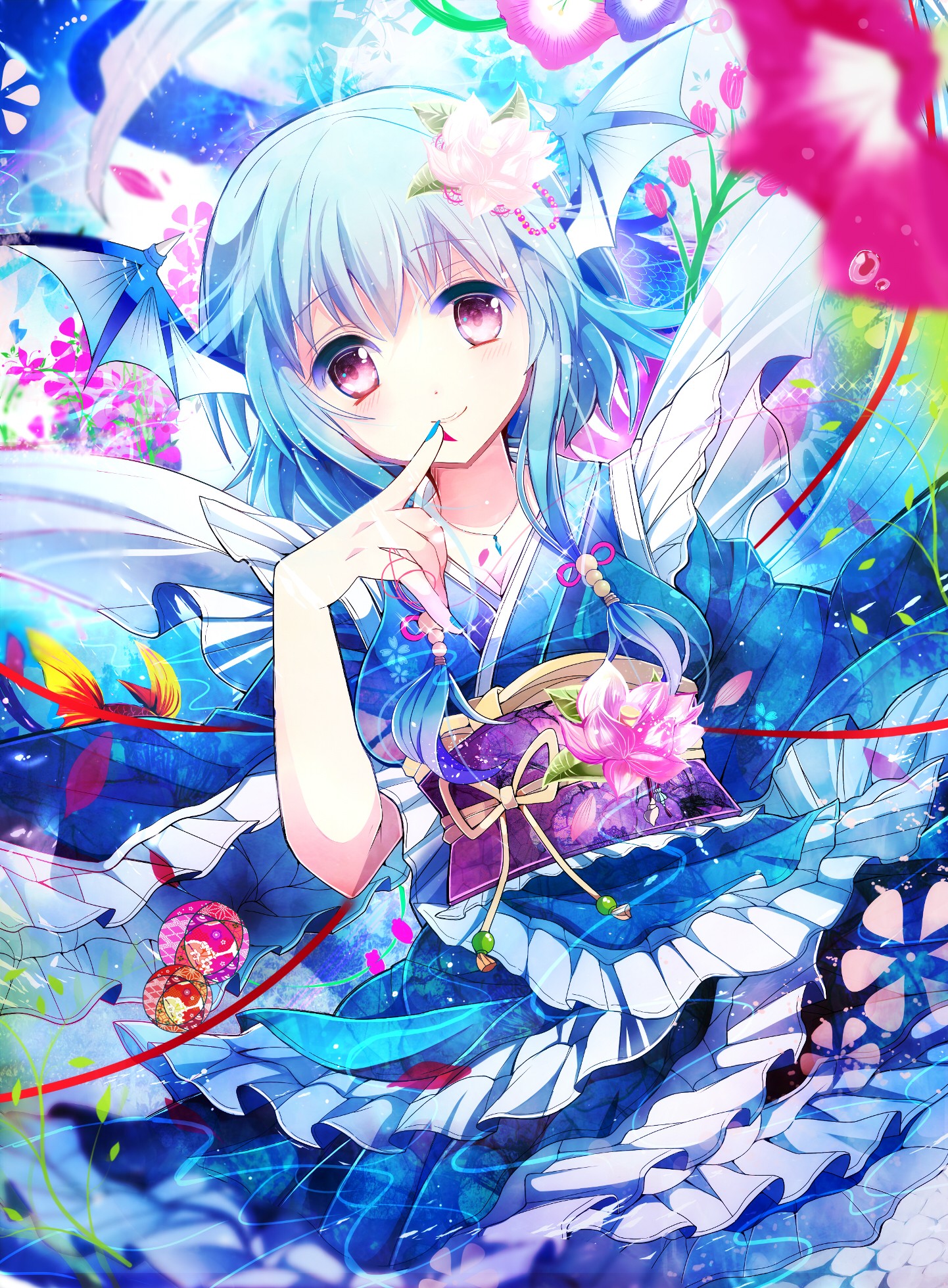 Anime 1442x1960 Wakasagihime Touhou wings flowers flower in hair traditional clothing ribbon jewelry kimono petals short hair anime girls anime leaves