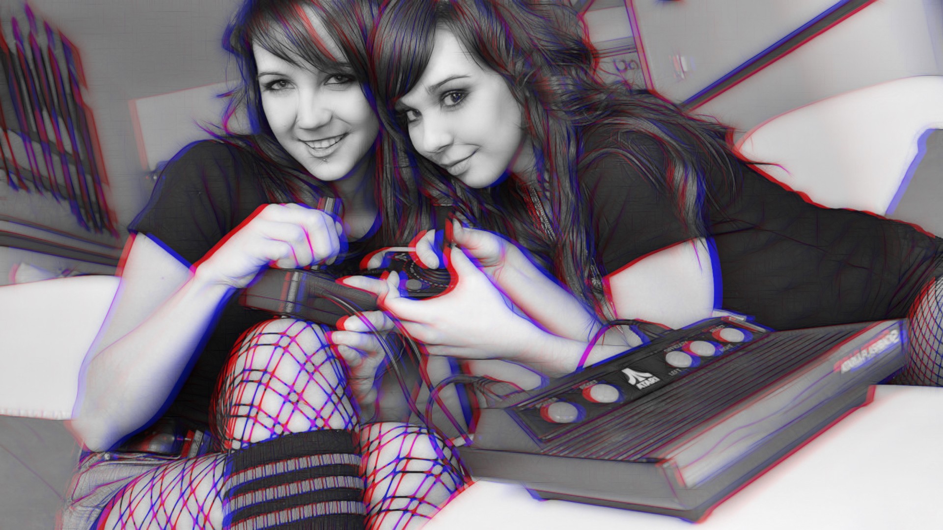 People 1920x1080 anaglyph 3D Atari Ariel Rebel pornstar consoles women women indoors retro console looking at viewer indoors long hair smiling technology Canadian women two women