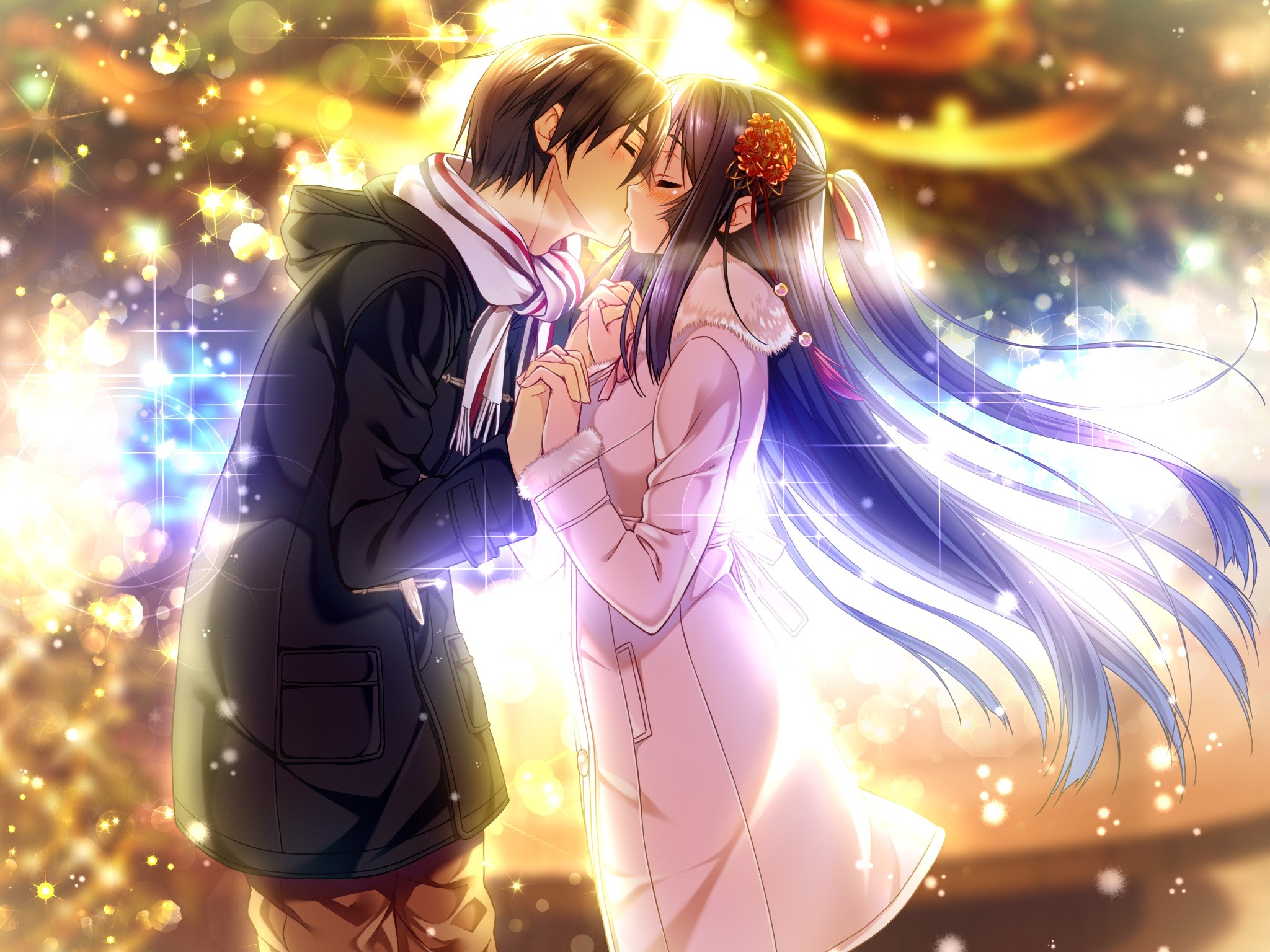 Anime 2048x1536 anime anime girls kissing holding hands men women couple love brunette long hair flower in hair