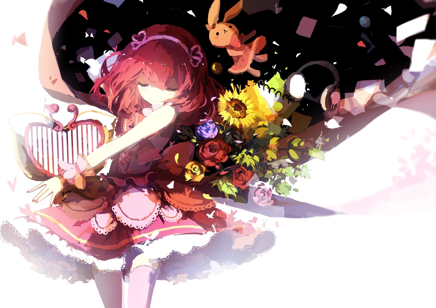 Anime 1800x1273 anime girls anime redhead musical instrument dress closed eyes flowers plants