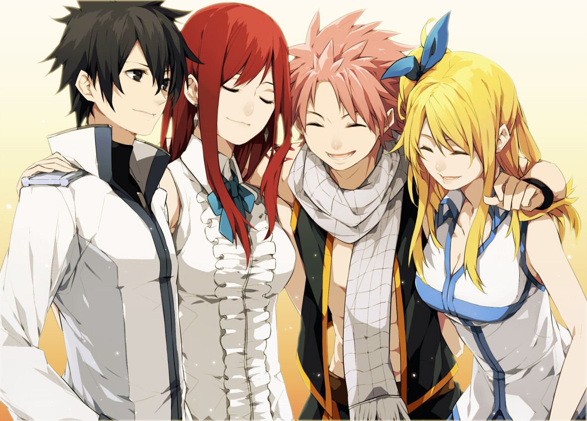Anime 1178x845 Fairy Tail Fullbuster Gray  Scarlet Erza Dragneel Natsu Heartfilia Lucy  anime girls anime boys blonde pink hair redhead dark hair closed eyes simple background white background