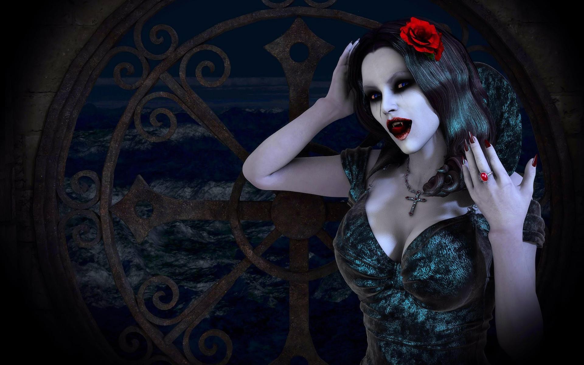 General 1920x1200 CGI vampires artwork women painted nails tongues flower in hair boobs big boobs cleavage red nails looking at viewer