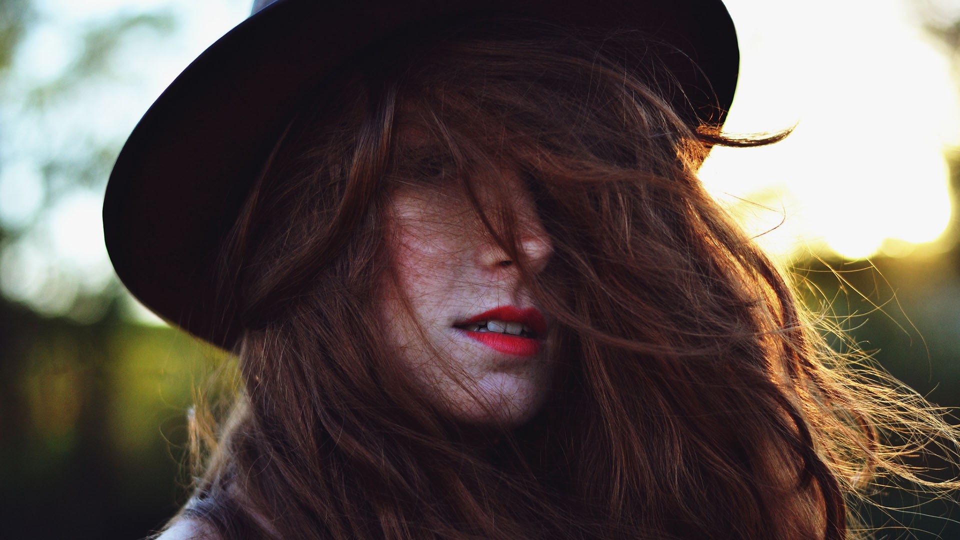 People 1920x1080 women brunette face freckles hair in face hat women with hats closeup hair   red lipstick model women outdoors outdoors long hair