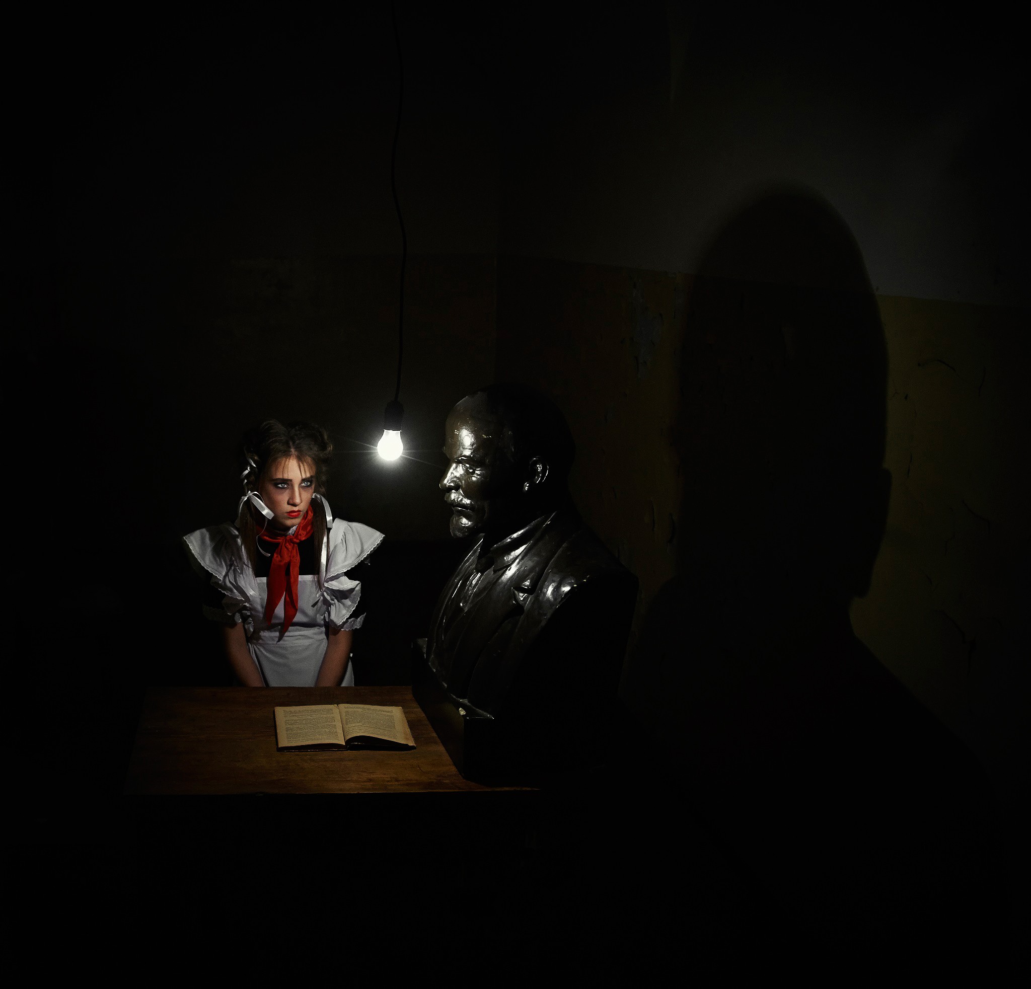 People 2048x1965 women dark Vladimir Lenin light bulb model books women indoors sitting school uniform