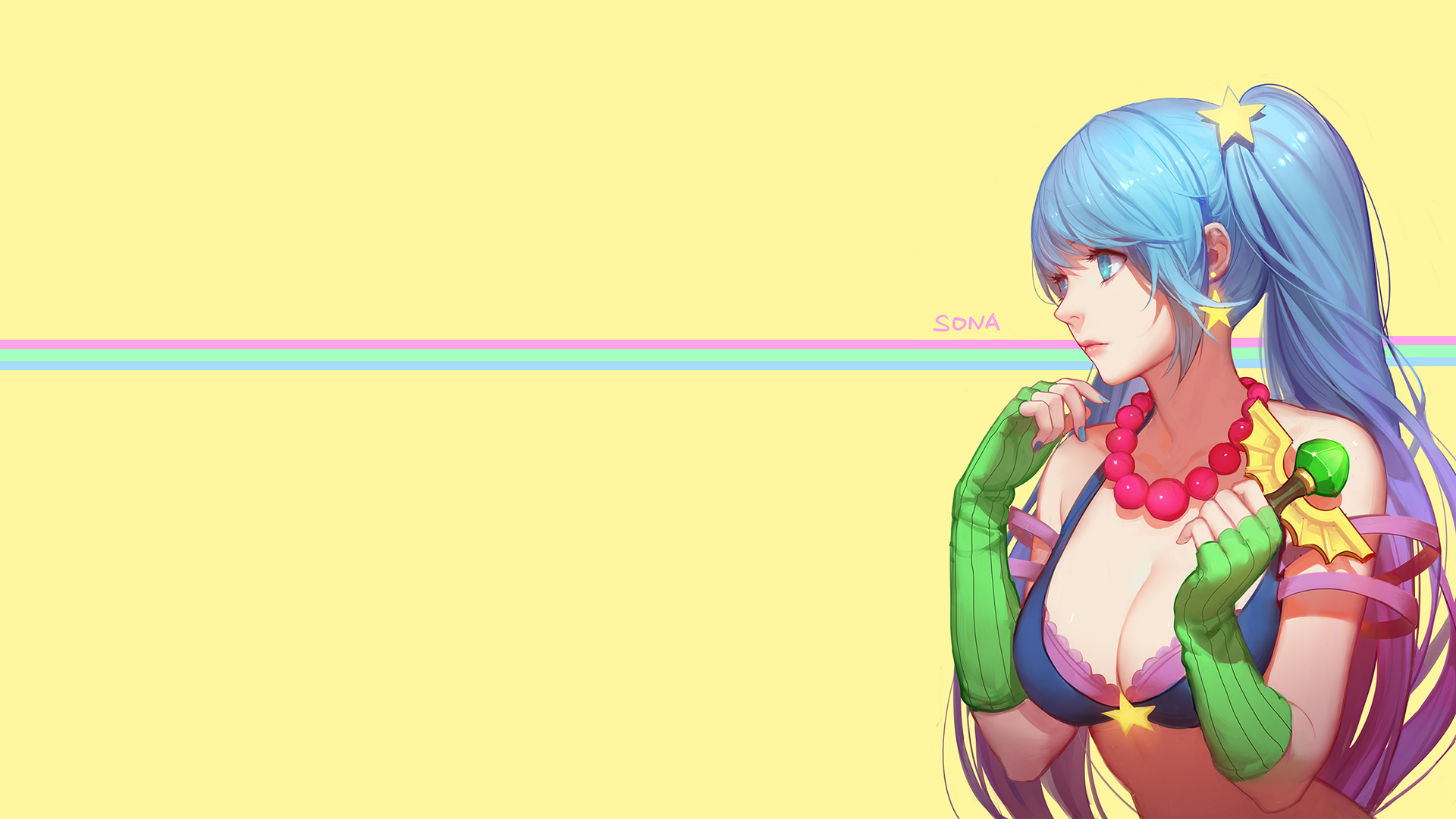 Anime 1920x1080 League of Legends anime girls video games artwork cleavage simple background yellow background gloves pearl necklace blue eyes bra anime long hair PC gaming video game art video game girls boobs Sona (League of Legends) cyan hair