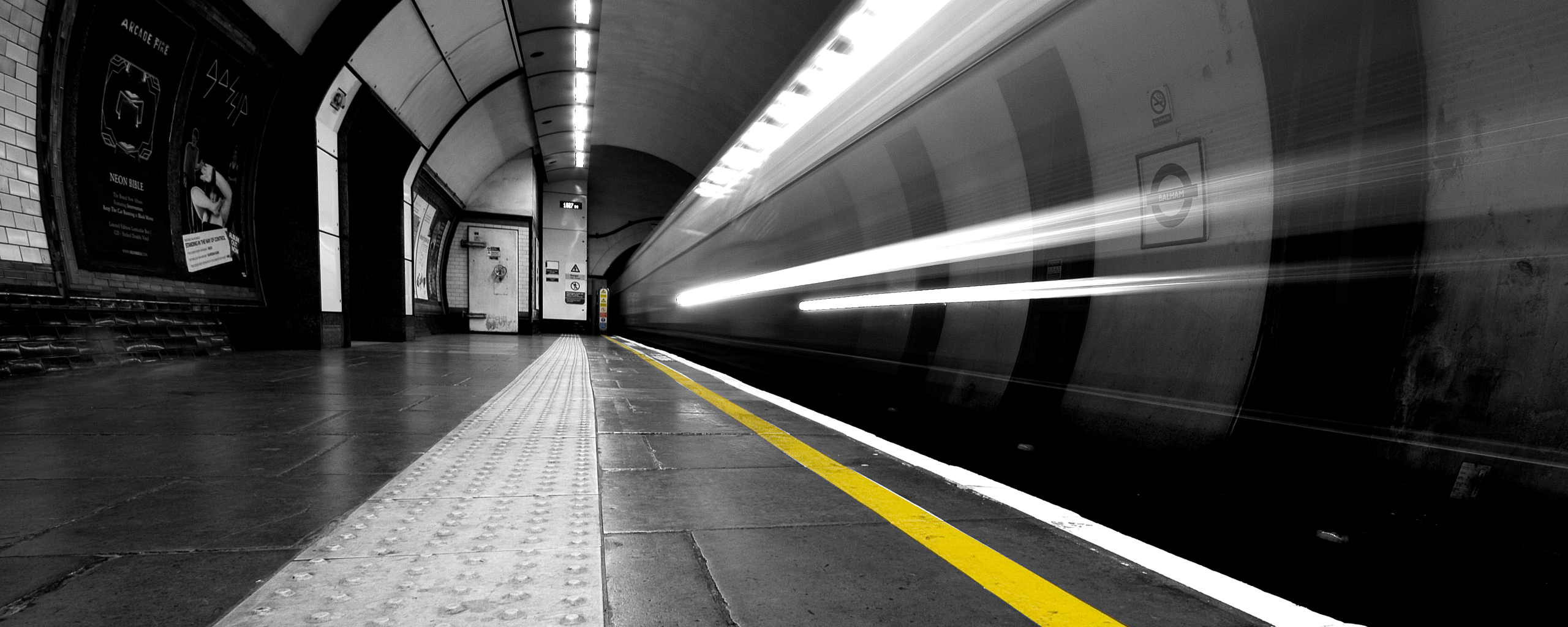 General 2560x1024 subway yellow long exposure London tubes city selective coloring light trails tunnel multiple display train station motion blur