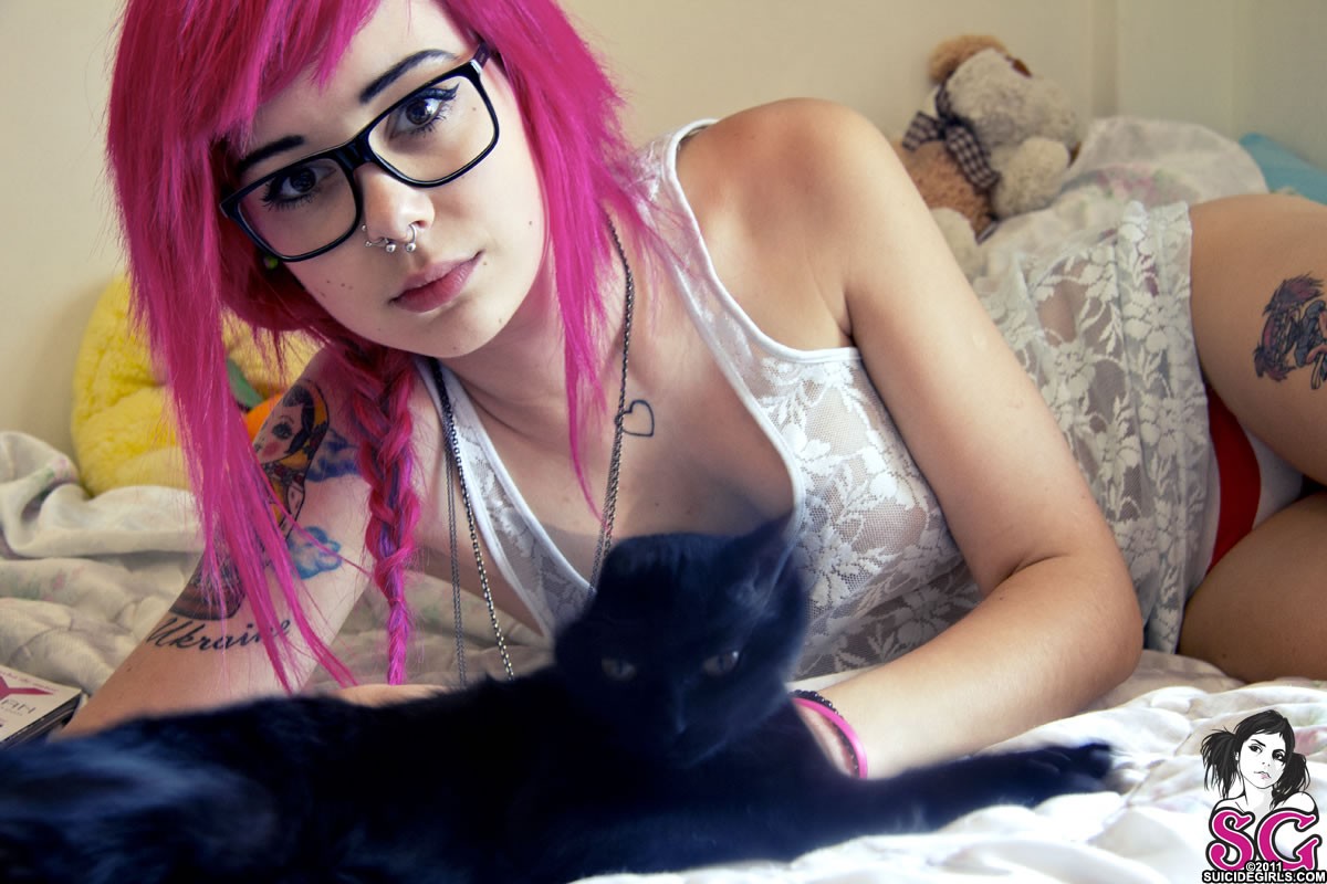 People 1200x800 Suicide Girls Plum Suicide tattoo women women with glasses pink hair dyed hair nose ring inked girls 2011 (Year) panties striped panties women indoors indoors looking at viewer