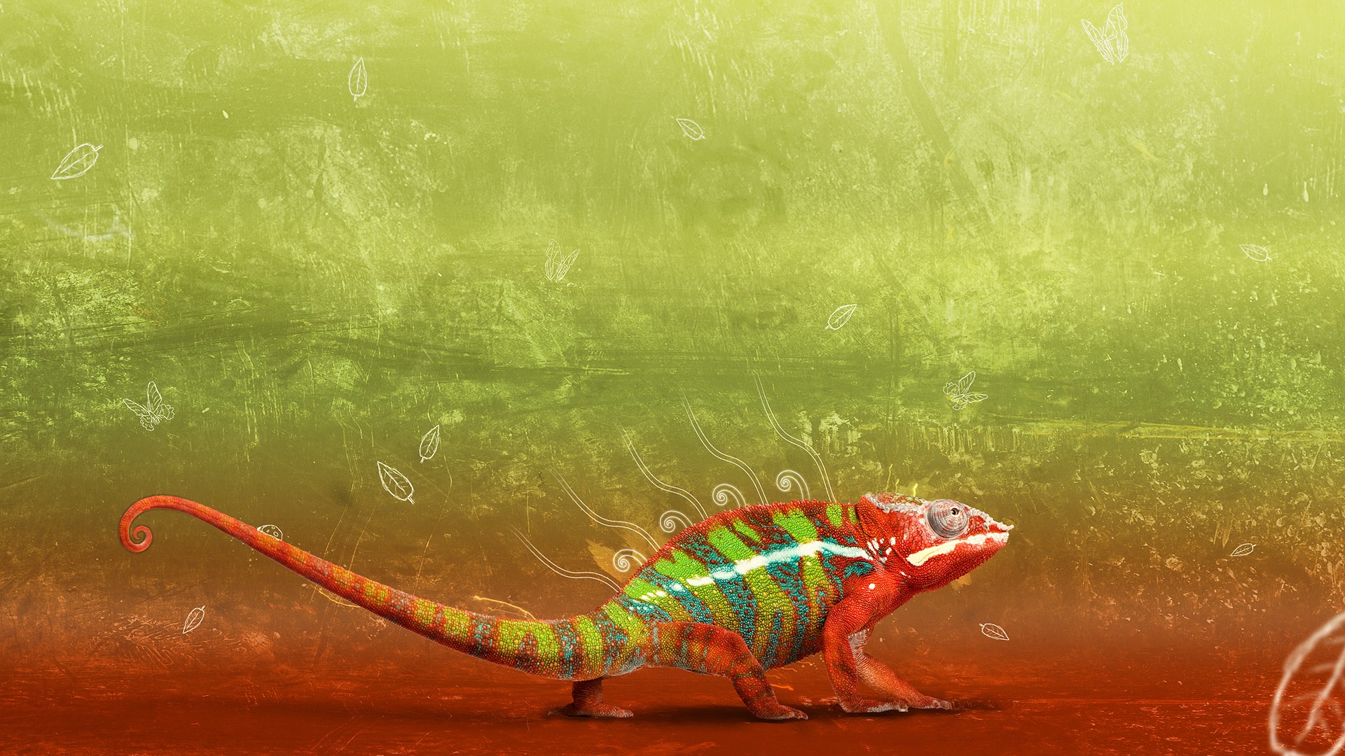 General 1920x1080 chameleons reptiles grunge leaves animals digital art