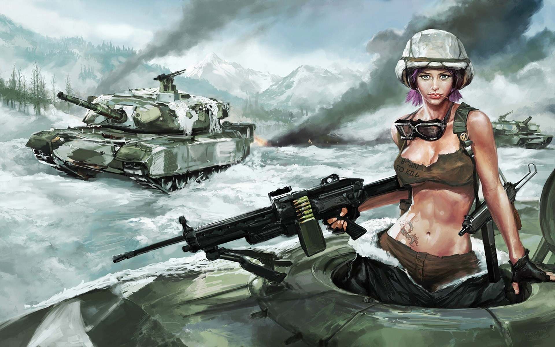 General 1920x1200 artwork erotic art  women soldier military helmet bra boobs big boobs belly weapon machine gun vehicle tank military vehicle