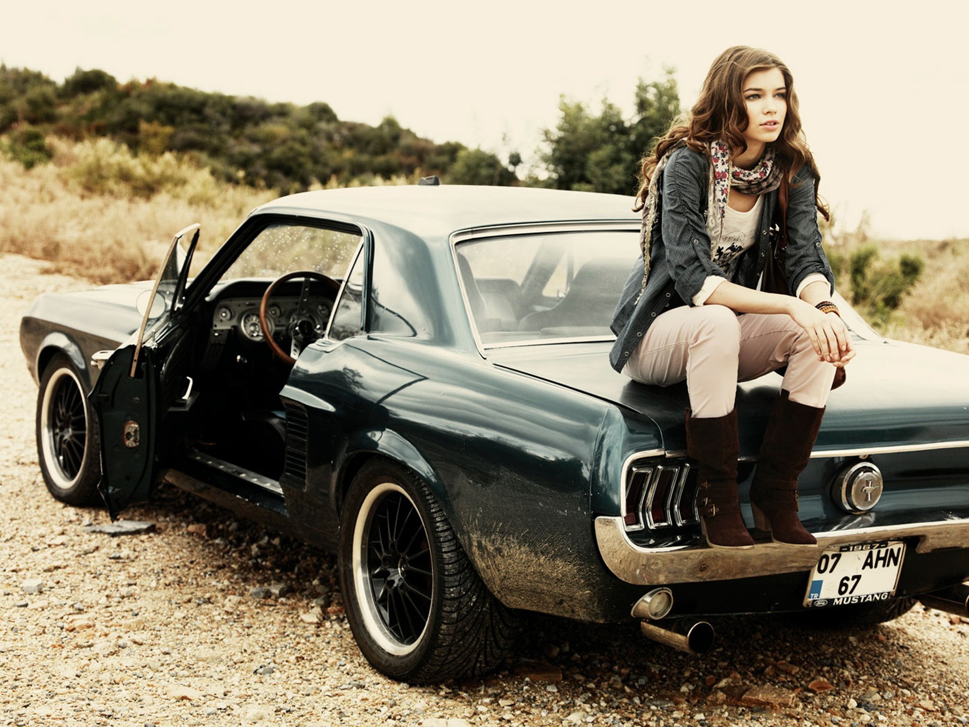 People 1920x1440 Antalya model women brunette car long hair Ford Mustang women with cars vehicle numbers black cars sitting boots women outdoors outdoors muscle cars American cars