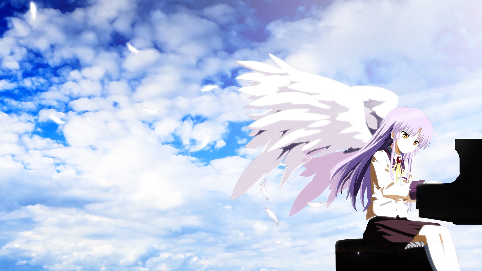 Anime 1920x1080 anime wings anime girls piano purple hair long hair sitting sky clouds