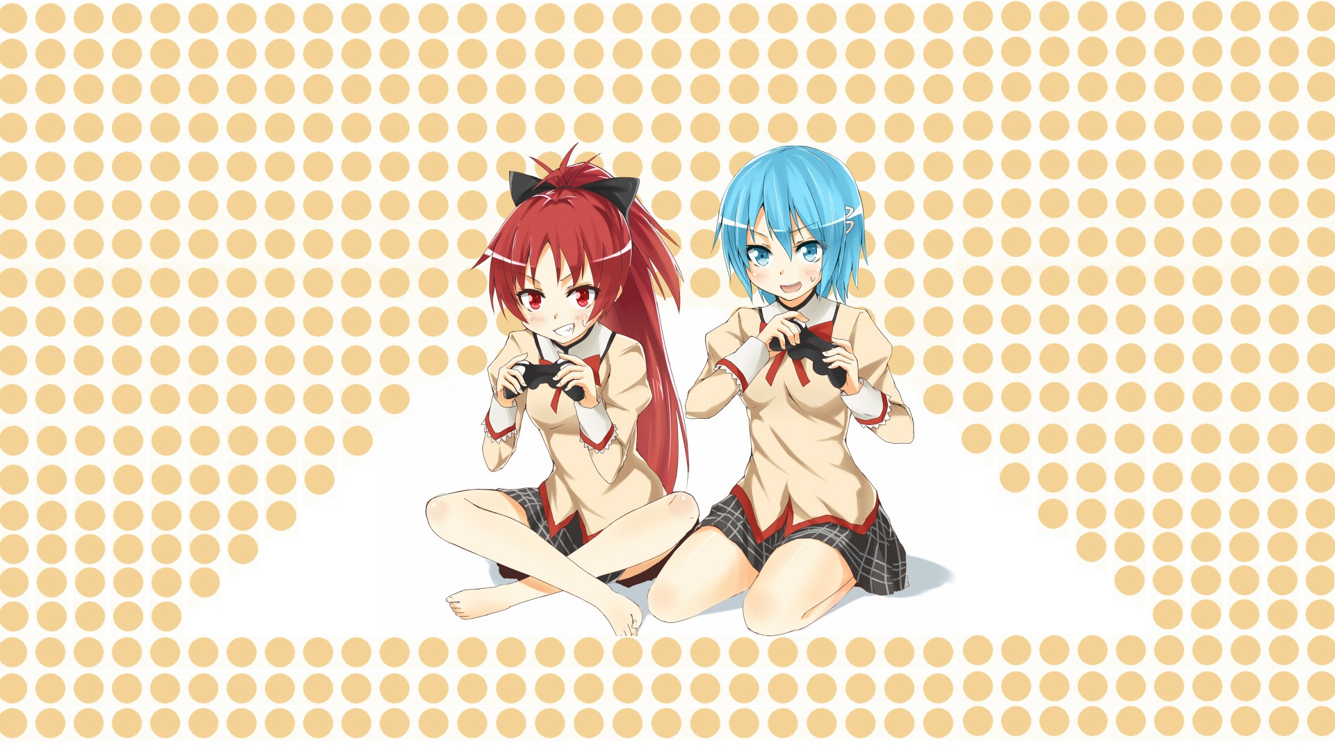 Anime 1920x1080 anime anime girls gamer controllers two women cyan hair redhead sitting kneeling barefoot aqua eyes red eyes Mahou Shoujo Madoka Magica Miki Sayaka Sakura Kyouko