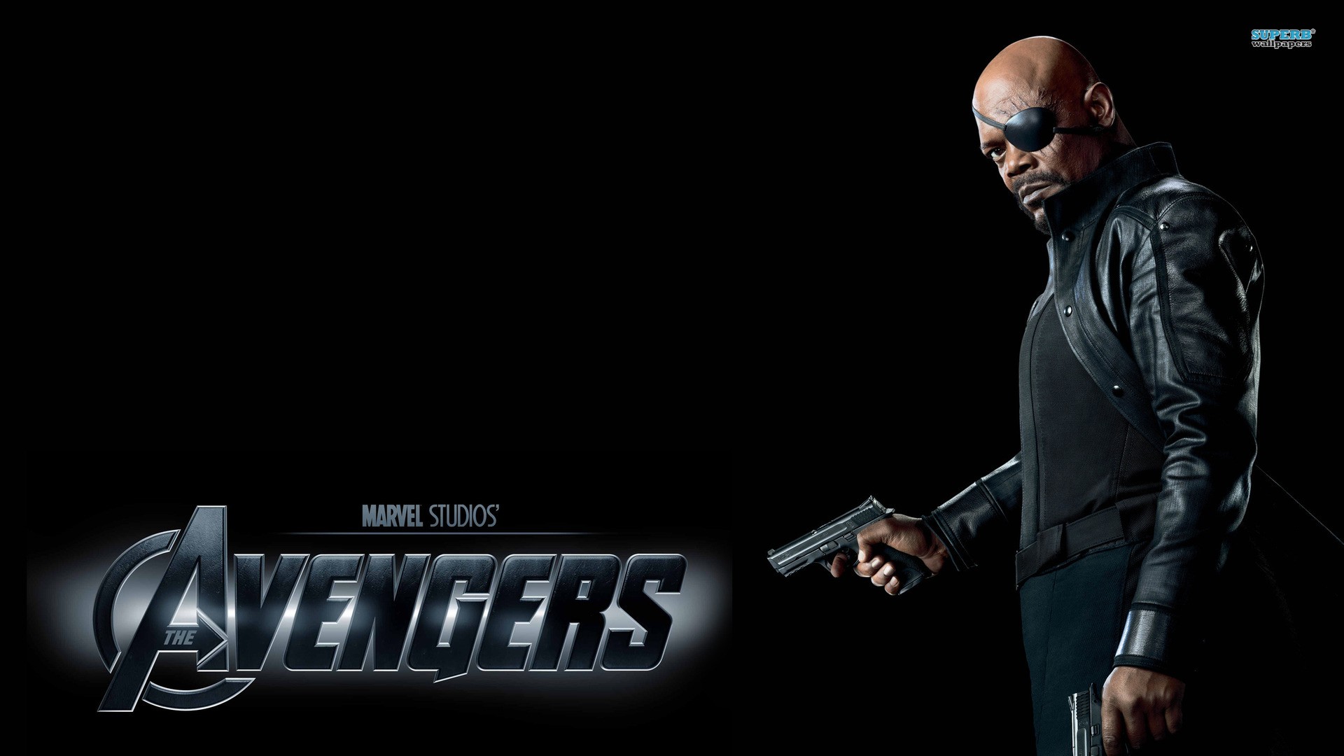 General 1920x1080 The Avengers Nick Fury Samuel L. Jackson Marvel Cinematic Universe eyepatches gun movies simple background black background looking at viewer Marvel Comics