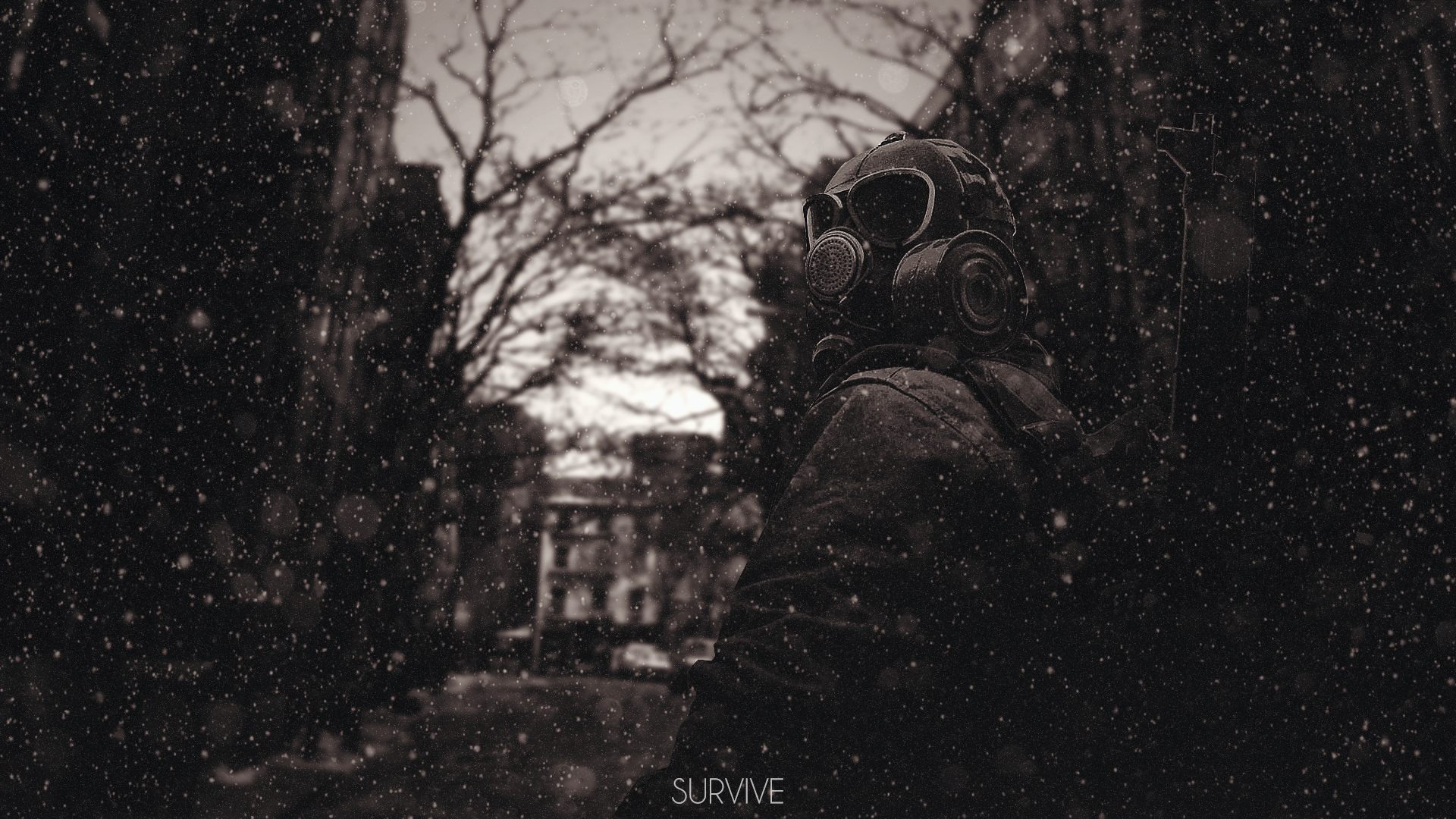 General 1920x1080 gas masks sepia survival apocalyptic text monochrome blurred blurry background branch