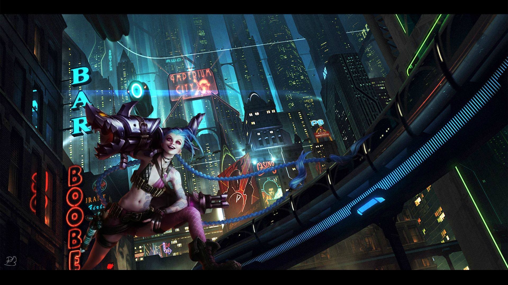 General 1920x1080 Jinx (League of Legends) League of Legends video games PC gaming video game girls blue hair belly inked girls futuristic city futuristic science fiction video game characters