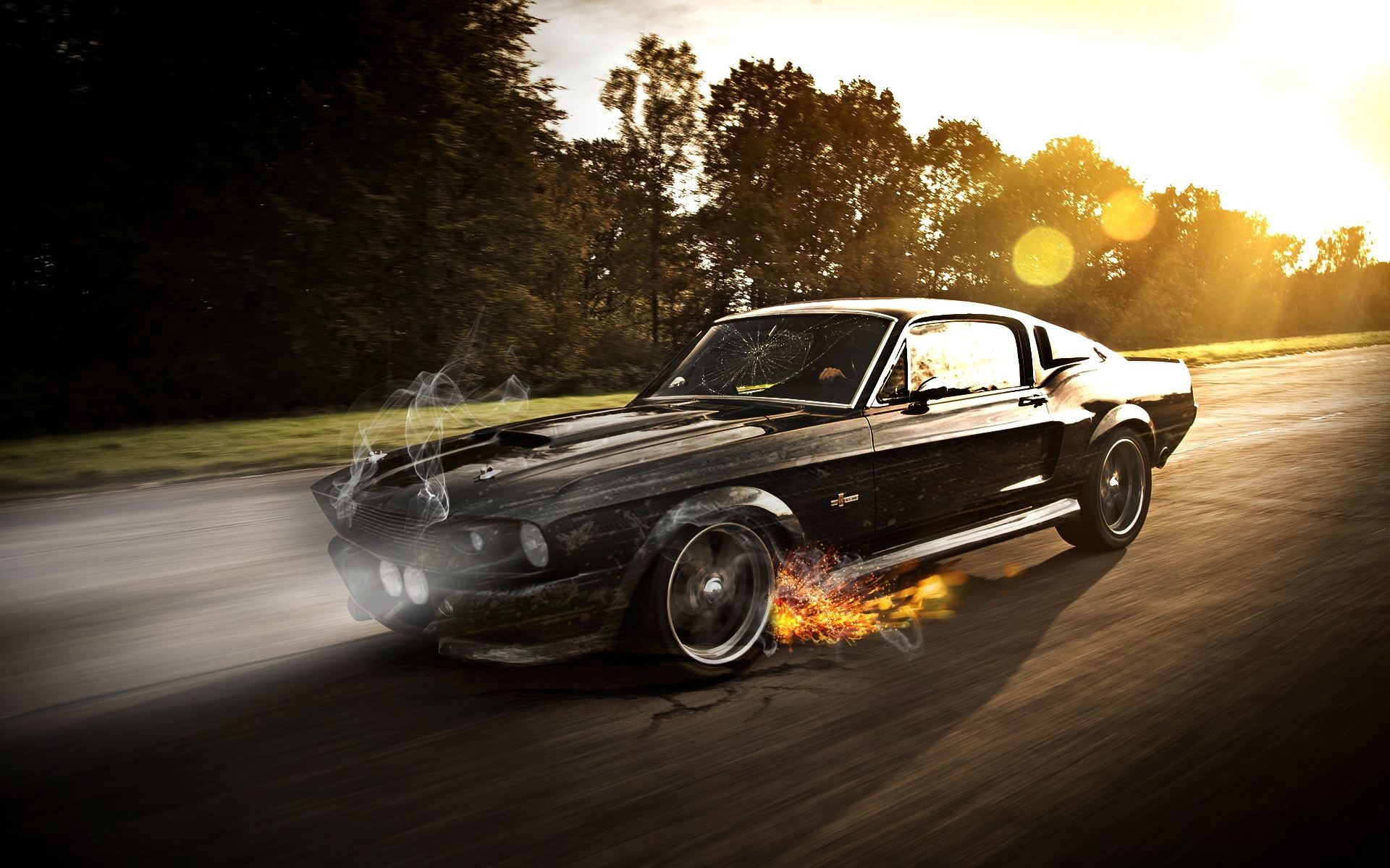 General 1920x1200 car Ford Mustang muscle cars Ford Mustang Shelby photo manipulation Ford digital art fire smoke black cars vehicle
