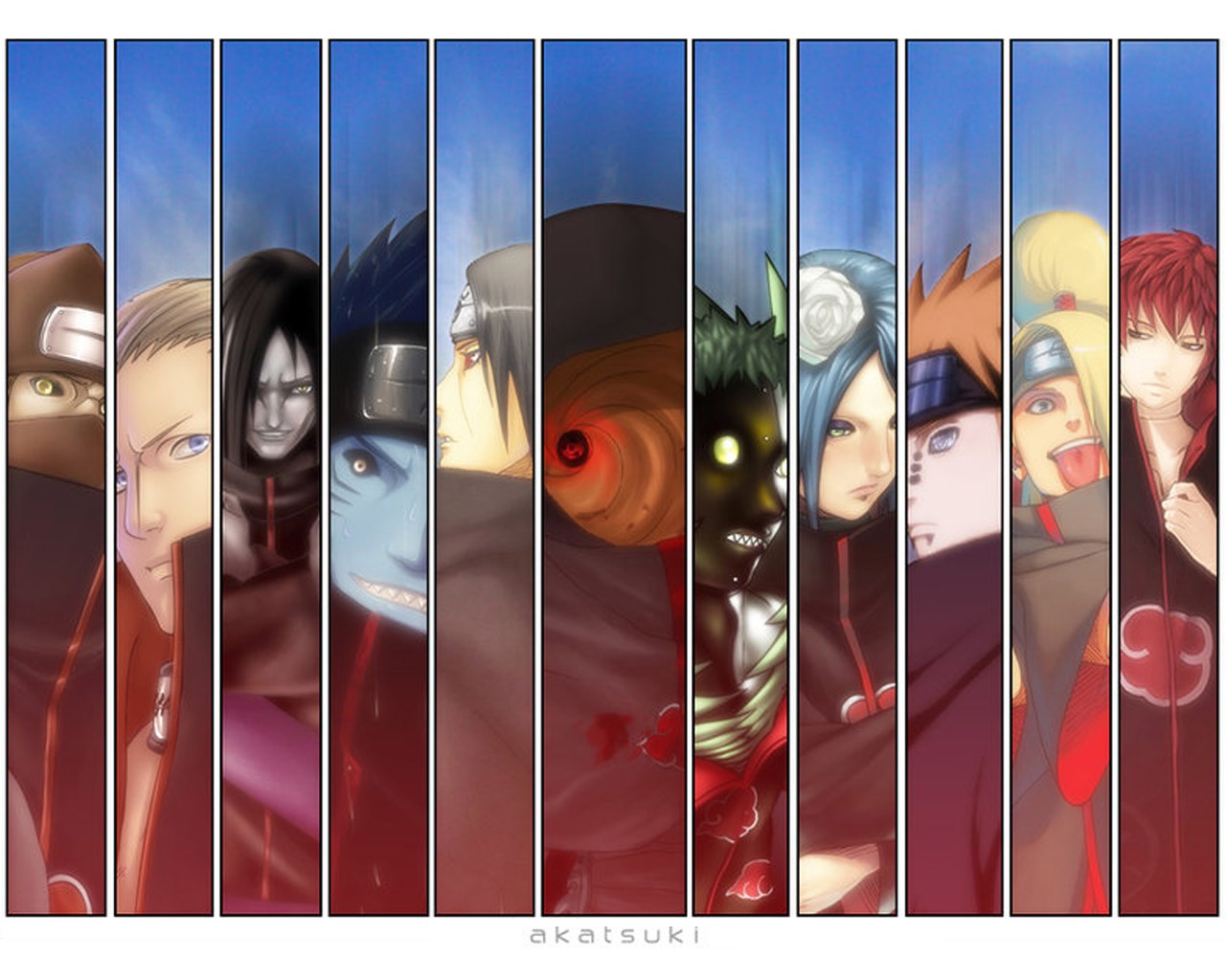Anime 1280x1024 panels Kakuzu Hidan Orochimaru Hoshigaki Kisame Uchiha Itachi Tobi Zetsu Konan (naruto) Pein Deidara Sasori anime collage Akatsuki (Naruto Shippuuden)