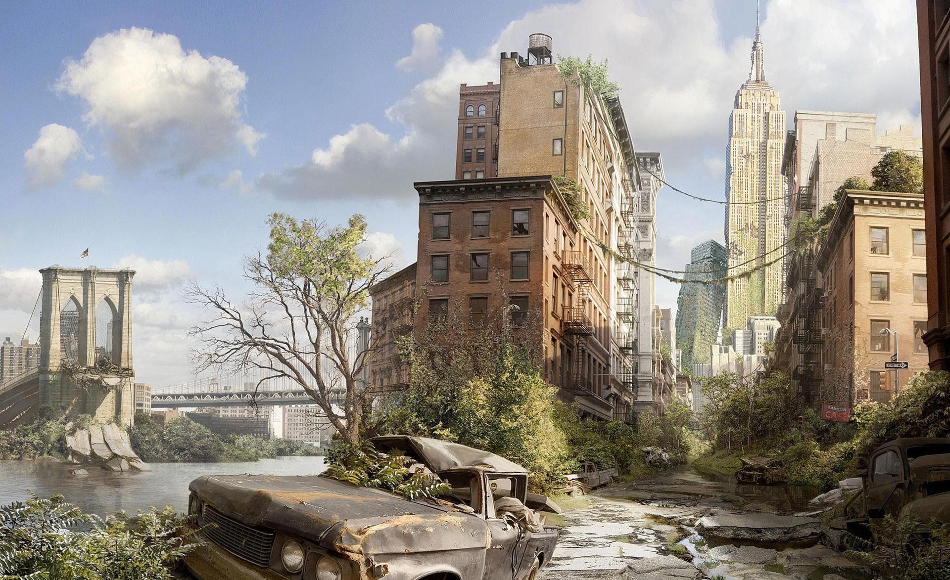 General 1920x1173 apocalyptic building bridge dystopian abandoned cityscape New York City ruins USA car vehicle wreck city
