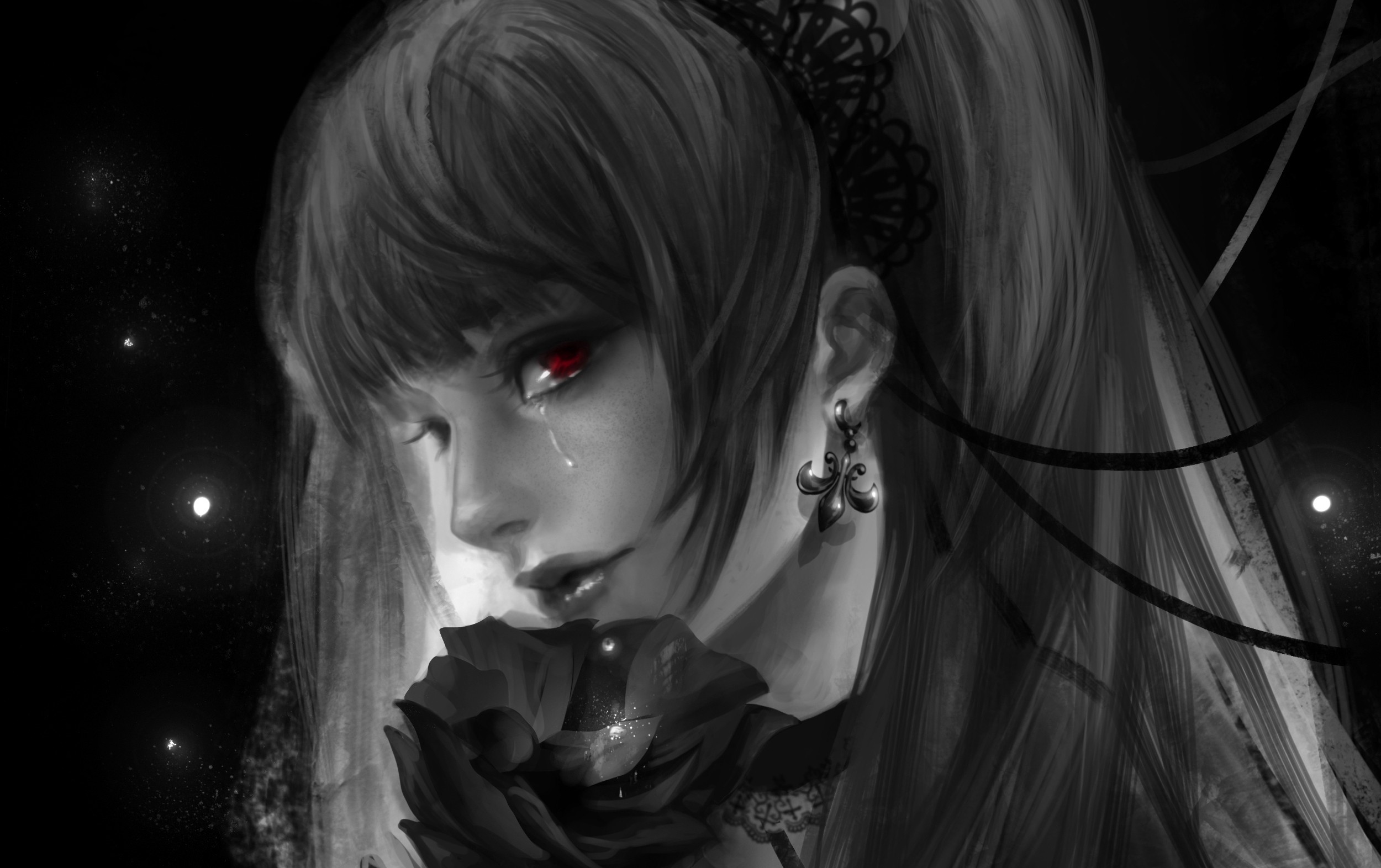 Anime 2500x1572 anime girls artwork gothic Death Note Amane Misa goths selective coloring red eyes women face tears