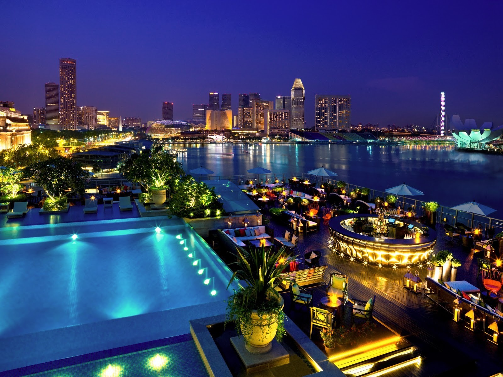 General 1600x1200 swimming pool night lights Singapore Asia cityscape city lights